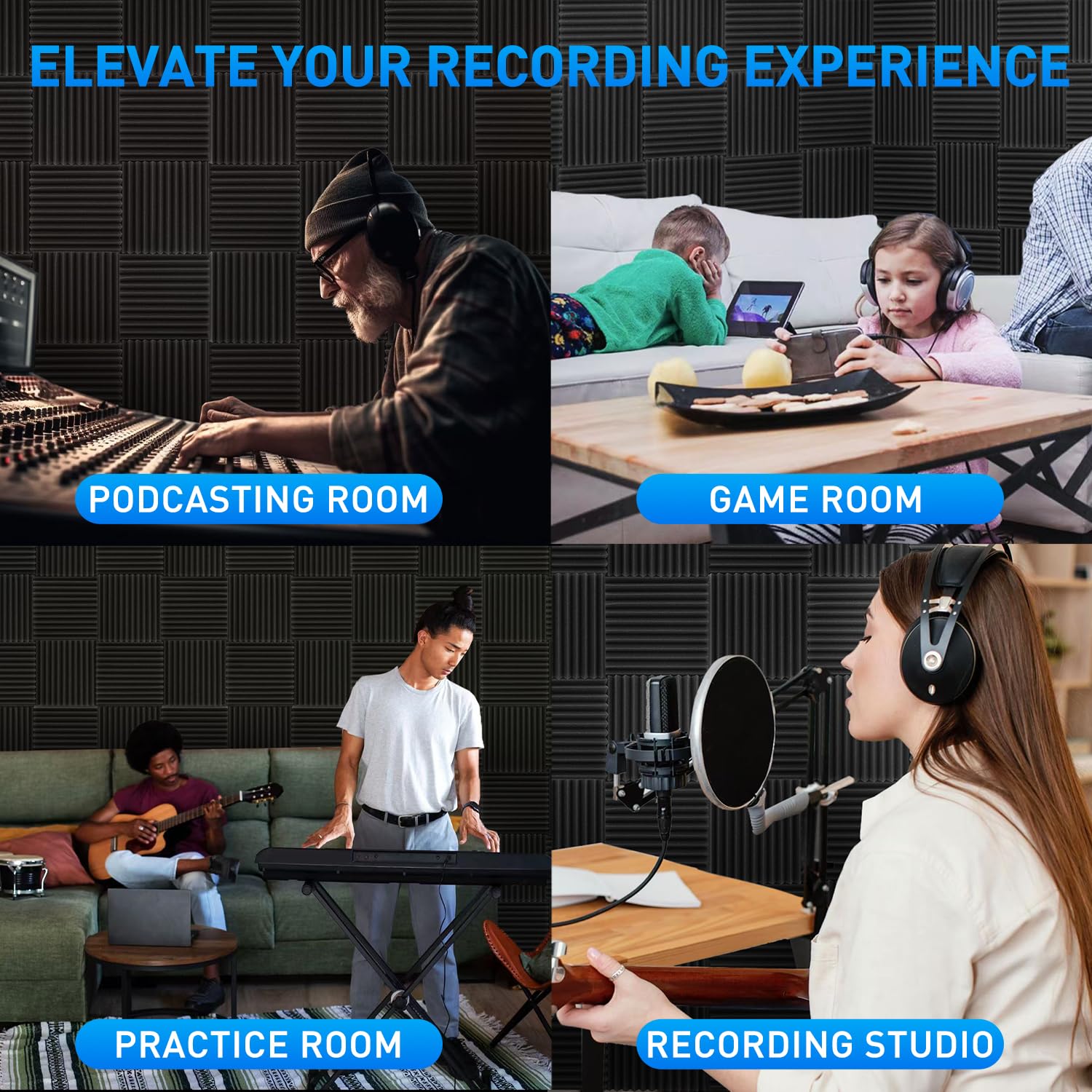 Focusound  Acoustic Foam Panels 1" x 12" x 12" Sound Proof Foam Panles Soundproofing Noise Cancelling Wedge Panels for Home Office Recoding Studio with 300PCS Double-Side Adhesive: 120 Pack