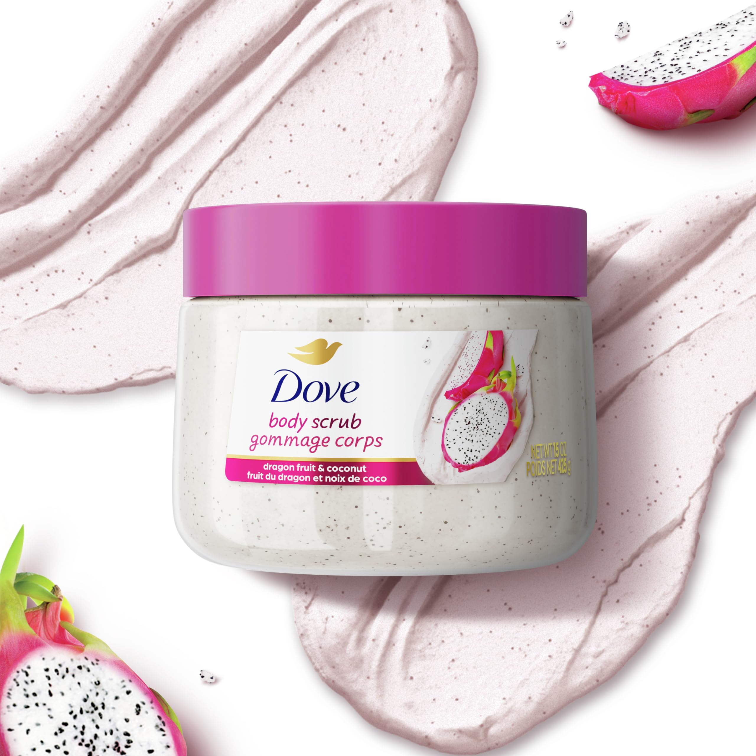 Dove White Peach & Crushed Rice Body Scrub Exfoliates and Deeply Nourishes for Smooth, Radiant Skin 15 oz: Dove Body Scrub Dragon Fruit & Coconut Cream Body Scrub Exfoliates and Deeply Nourishes for Smooth, Radiant Skin 15 oz
