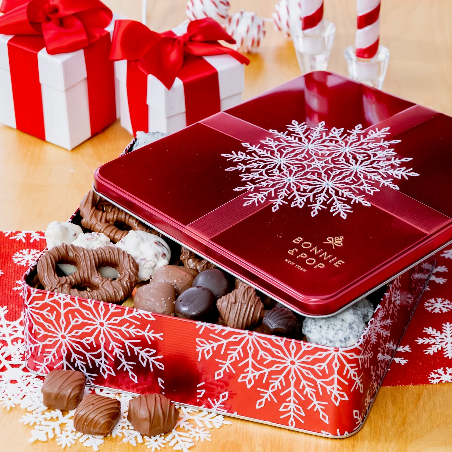 Chocolate Gift Basket- Gourmet Chocolate Snack Variety Present in Keepsake Tray- Includes Belgium Pretzels, Peppermint Patties, Sea Salt Caramels, Chocolate Espresso Beans- Bonnie and Pop - Image 5