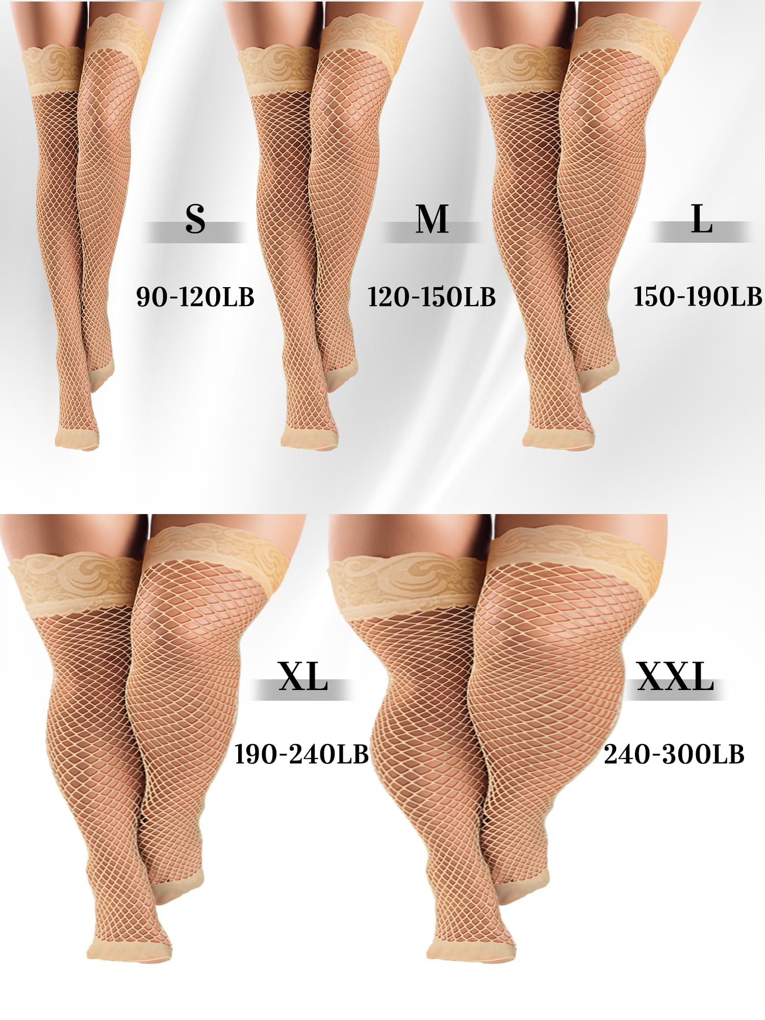 Bencailor 4 Pairs Fishnet Thigh High Stocking for Women Silicone Lace Top Sheer Over Knee Silky Stockings: White, Skin, Red, Black Medium