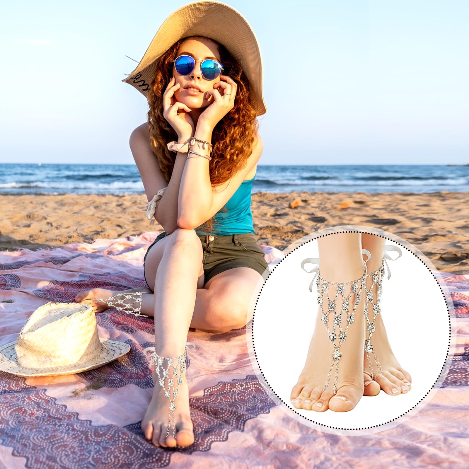 2 Pairs Barefoot Sandals- Beach Anklet Chain with Starfish for Women Lady's Beach Wedding Foot Jewelry Party Accessories: Beads,Chain,Simple