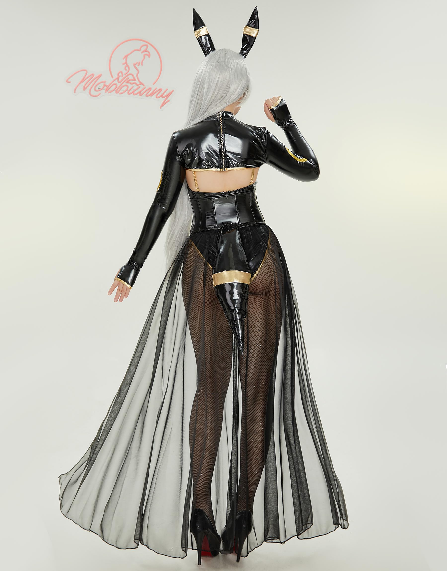 Mobbunny Anime Cosplay Costume for Women Black Bodysuit PU Leather Bodycon and Top with Chiffon Skirt Headband Tail: Small