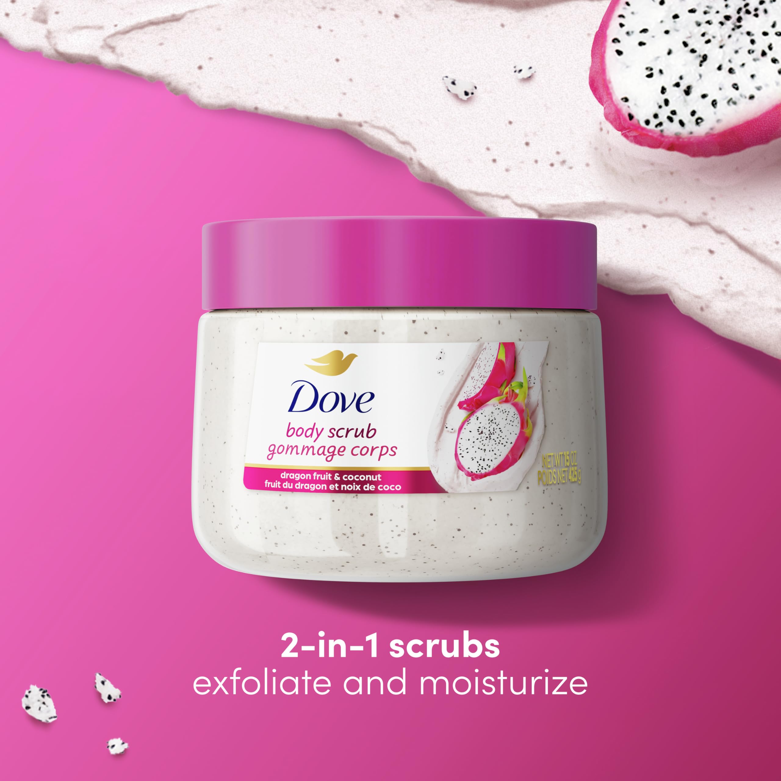 Dove White Peach & Crushed Rice Body Scrub Exfoliates and Deeply Nourishes for Smooth, Radiant Skin 15 oz: Dove Body Scrub Dragon Fruit & Coconut Cream Body Scrub Exfoliates and Deeply Nourishes for Smooth, Radiant Skin 15 oz