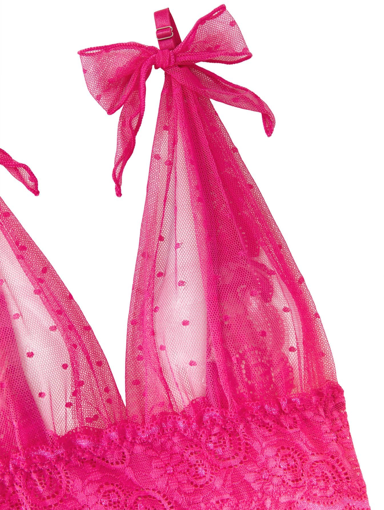 Lilosy Sexy Polka Dots Mesh Sheer Lace Babydoll Chemise Lingerie Set Floral Lace Sleep Wear: Large Neon Hot Pink