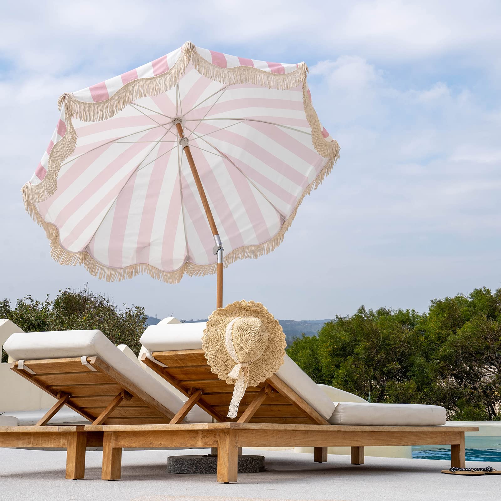 Funsite 6.5ft Boho Beach Umbrella with Fringe, UPF 50+ Tassel Umbrellas with Carry Bag, Premium Wood Pole Foldable Patio Umbrella for Outdoor Holiday Garden Lawn Pool Yard Table