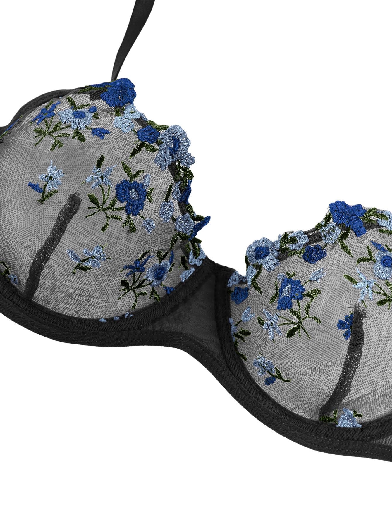 Lilosy Sexy Floral Embroidered Flower Mesh Underwire Push Up Lingerie Set: Mesh Medium Black and Blue