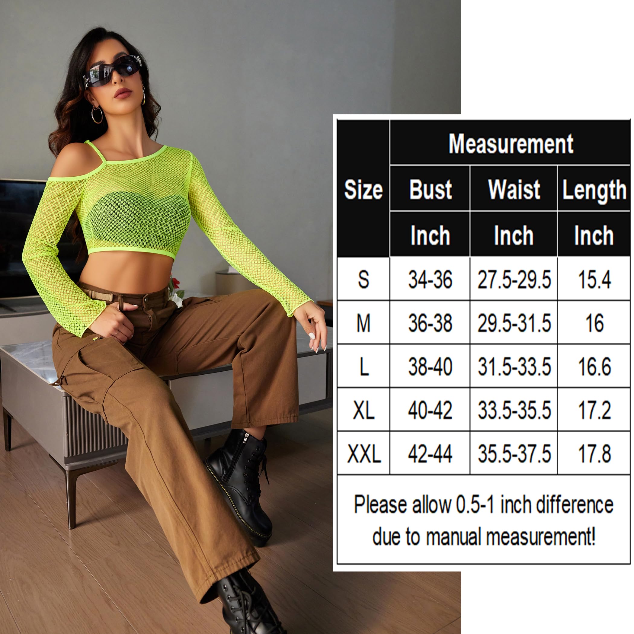 Avidlove Mesh Crop Tops for Women Long Sleeve Fishnet Shirt See Through Tops Rave Outfits Party Clubwear: Neon Green Small