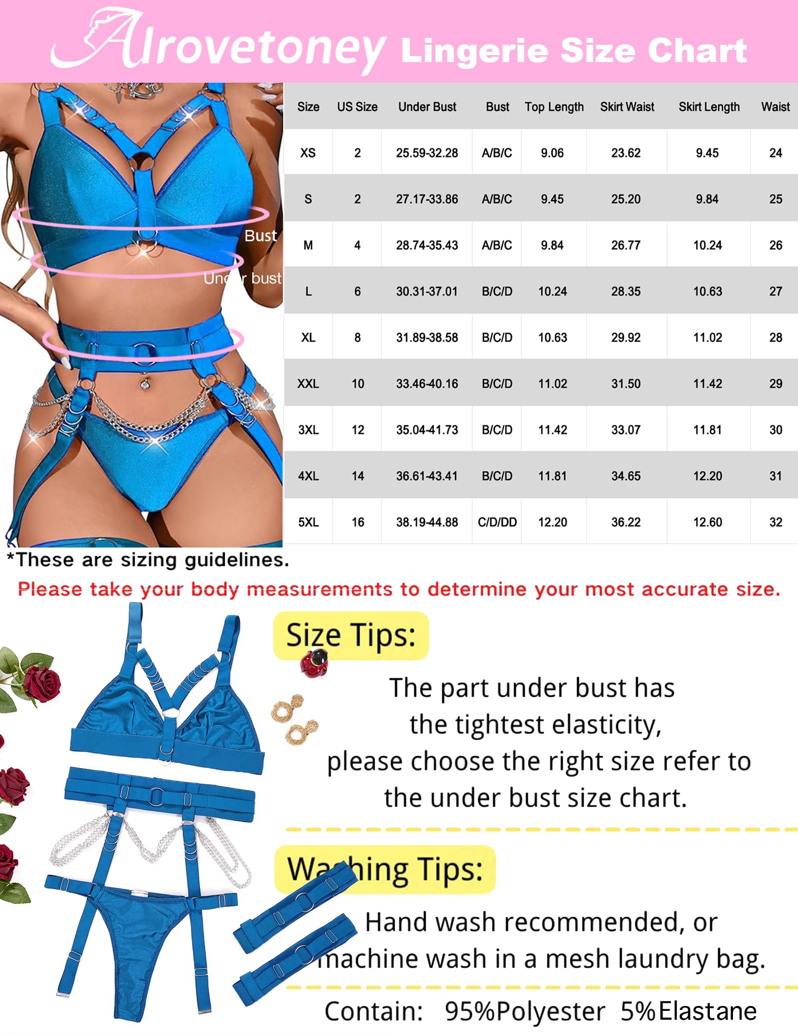 Alrovetoney Sexy Lingerie Set For Women With Garter Belt 5 Pieces Strappy Bra and Panty Set Adjustable With Chain: Small Sky Blue