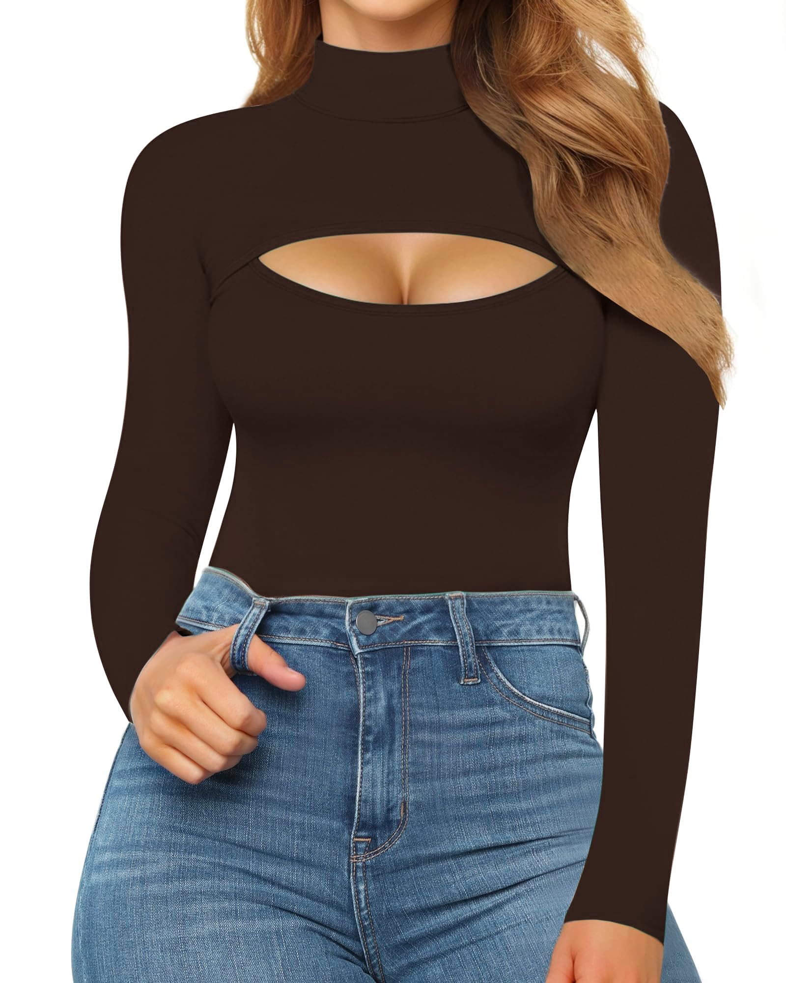 MANGOPOP Women's Mock Neck Cutout Front Bodysuit Long Sleeve Sleeveless Turtle Neck Body Suits Sexy Tops: Long Sleeve Medium Coffee Long Sleeve