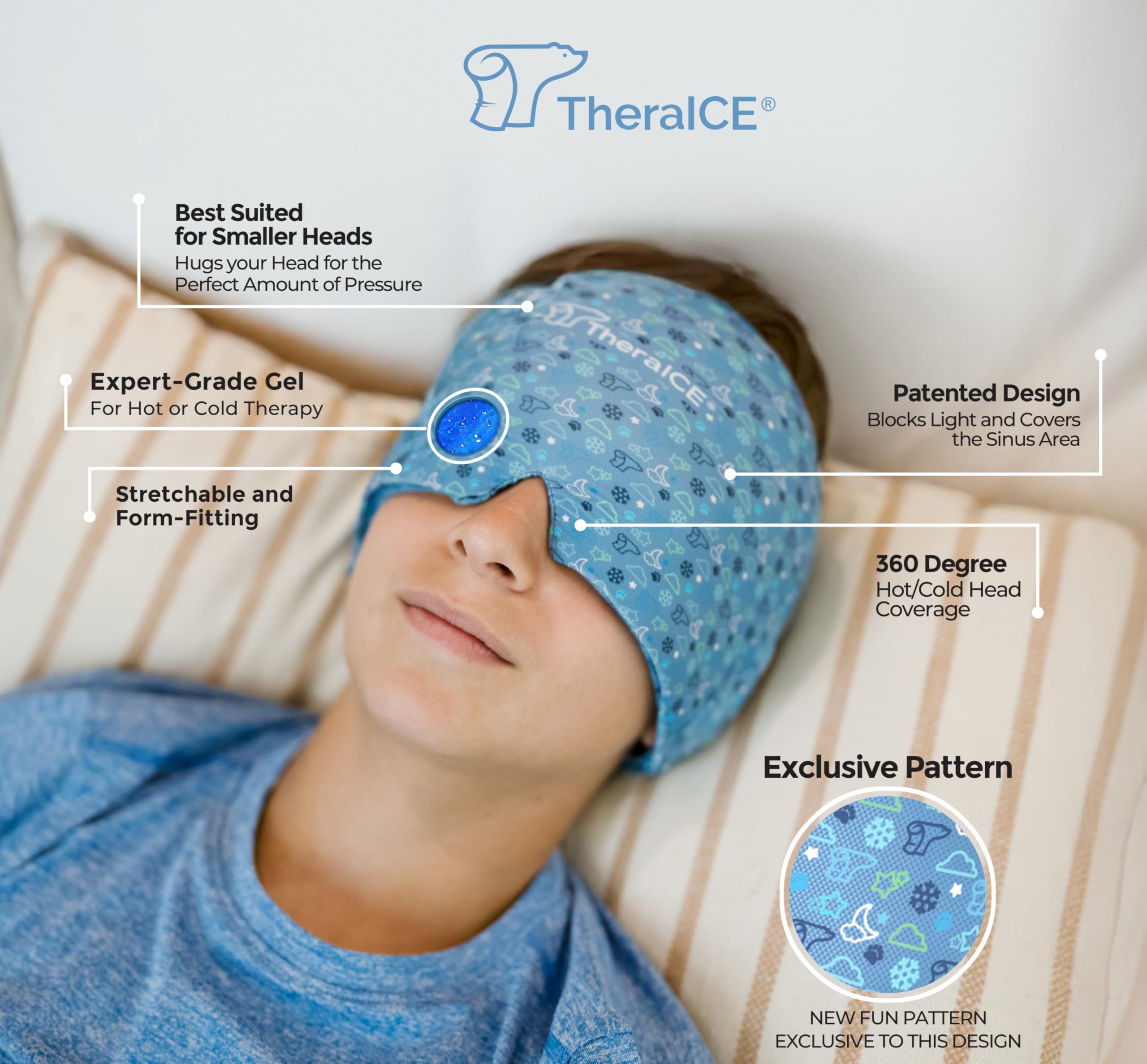 TheraICE Migraine Relief Cap, Soothing Headache Hat Ice Pack Mask, Face Cold Compress Cooling Gel Head Wrap Products for Tension, Stress & Hangover thumbnail 3