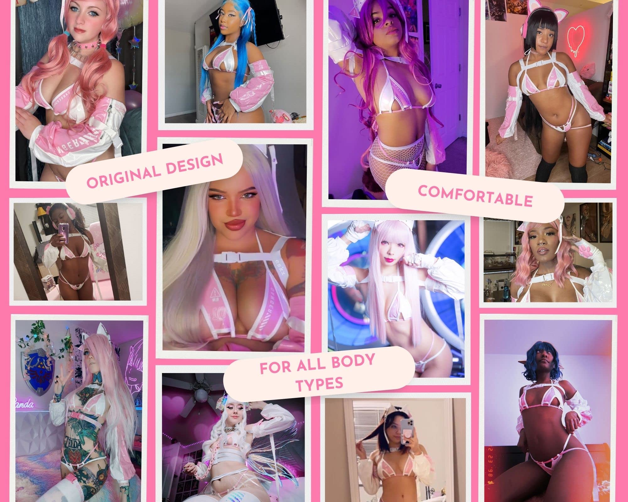 MOEFLAVOR Danger Cyber Cat Bikini with Sleeves Cosplay Costume | Sexy Kawaii Anime Lingerie | Halloween Costumes: X-Large-XX-Large Pink &amp; White