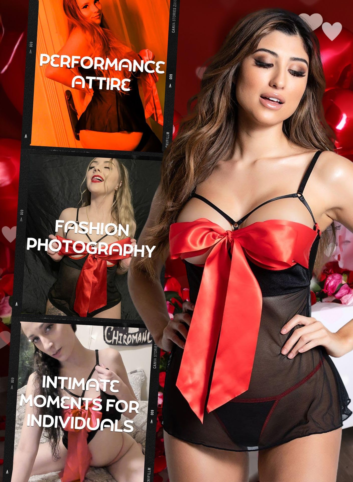 EVELUST Womens Unwrap Me Babydoll, Sexy Open See Through Mesh Lace Outfit Red Bow Christmas Day Gift for Him Lingerie Set thumbnail 5