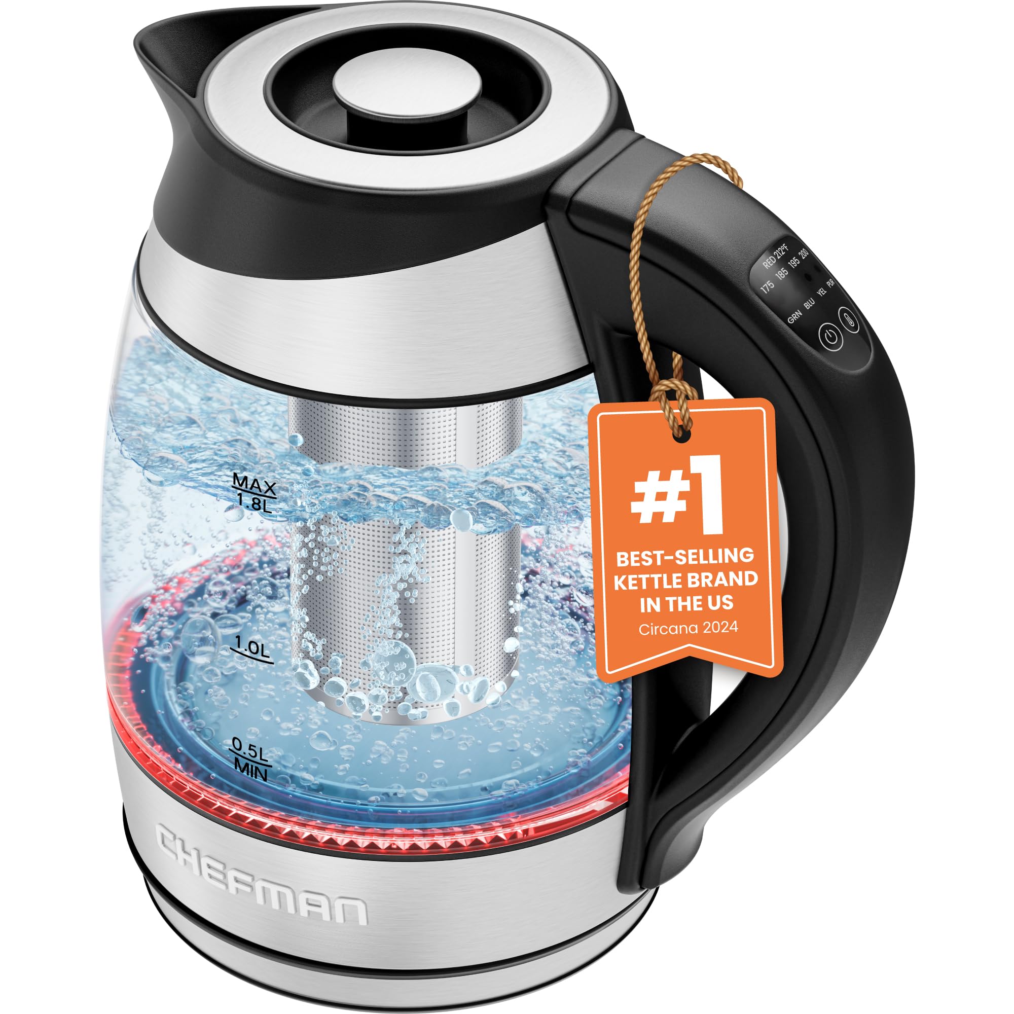 Chefman Electric Kettle with Temperature Control, 5 Presets LED Indicator Lights, Removable Tea Infuser, Glass Tea Kettle & Hot Water Boiler, 360° Swivel Base, BPA Free, Stainless Steel, 1.8 Liters: 1.8L - Temperature Control