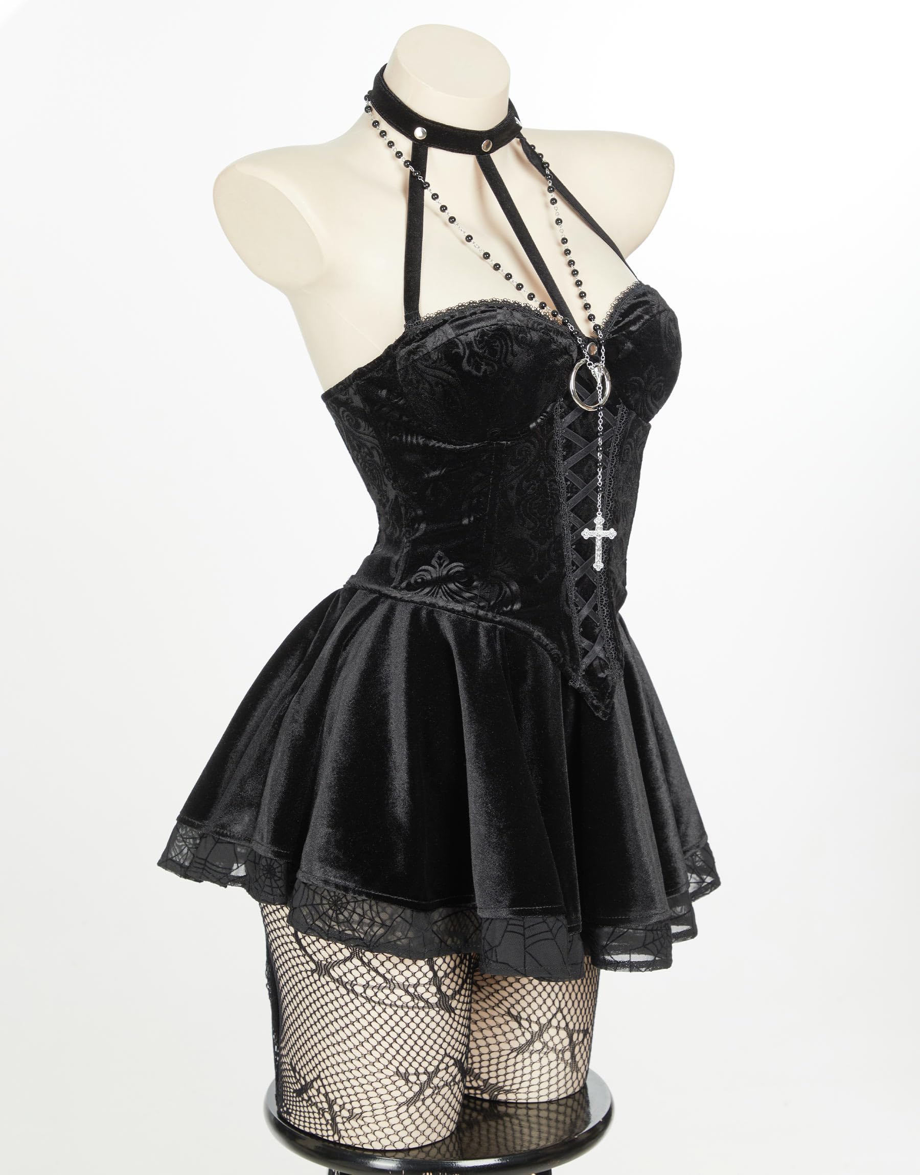 MEOWCOS Corset Top Skirt Set Gothic Halloween Casual Party Dress Lace-up Top Skirt with Net Stockings and Sleeves