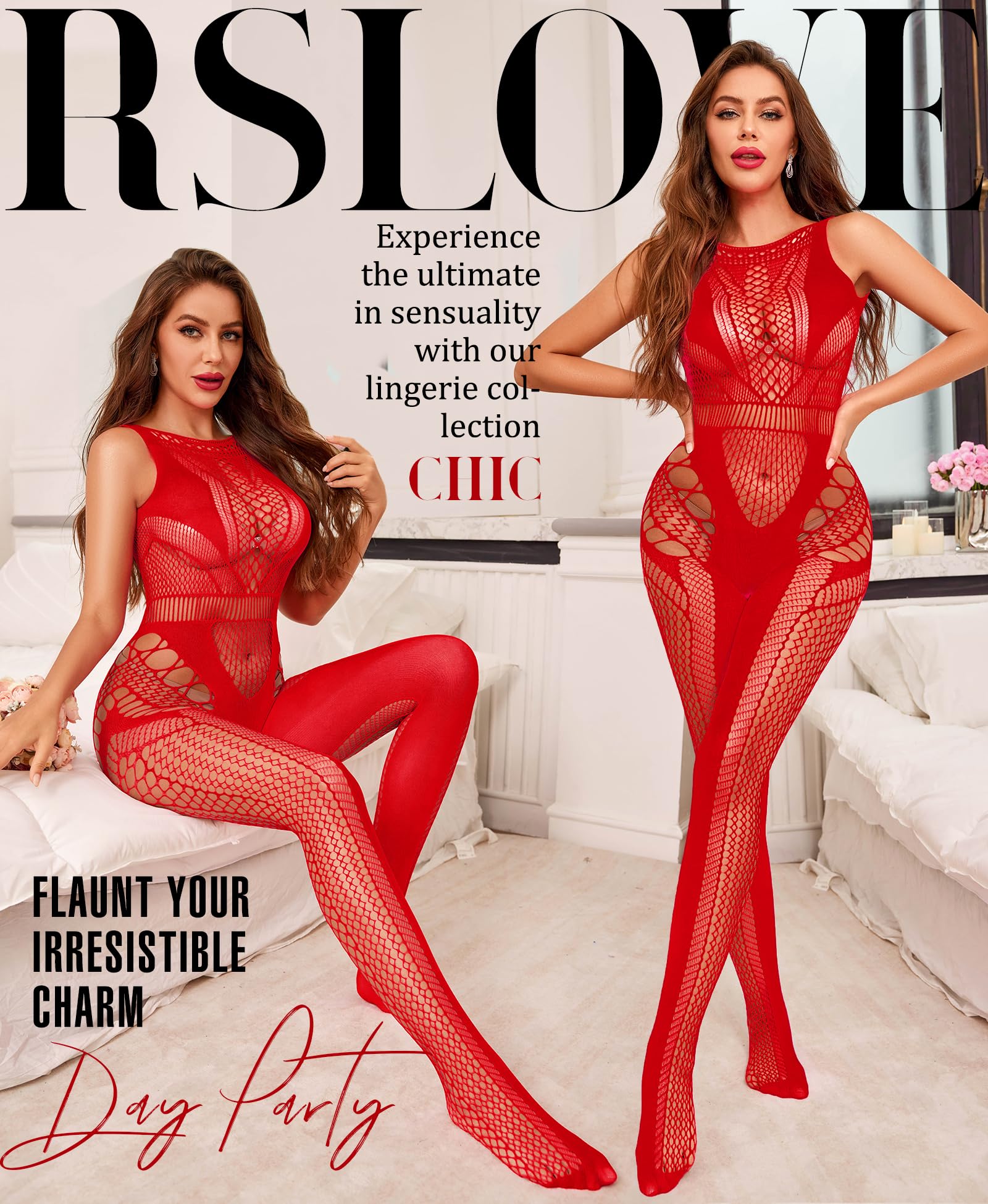 RSLOVE Sexy Lingerie Exotic Bodystocking - Fishnet Cut Out Lingerie Mesh Bodysuit One Piece Babydoll Rave Outfits: Red