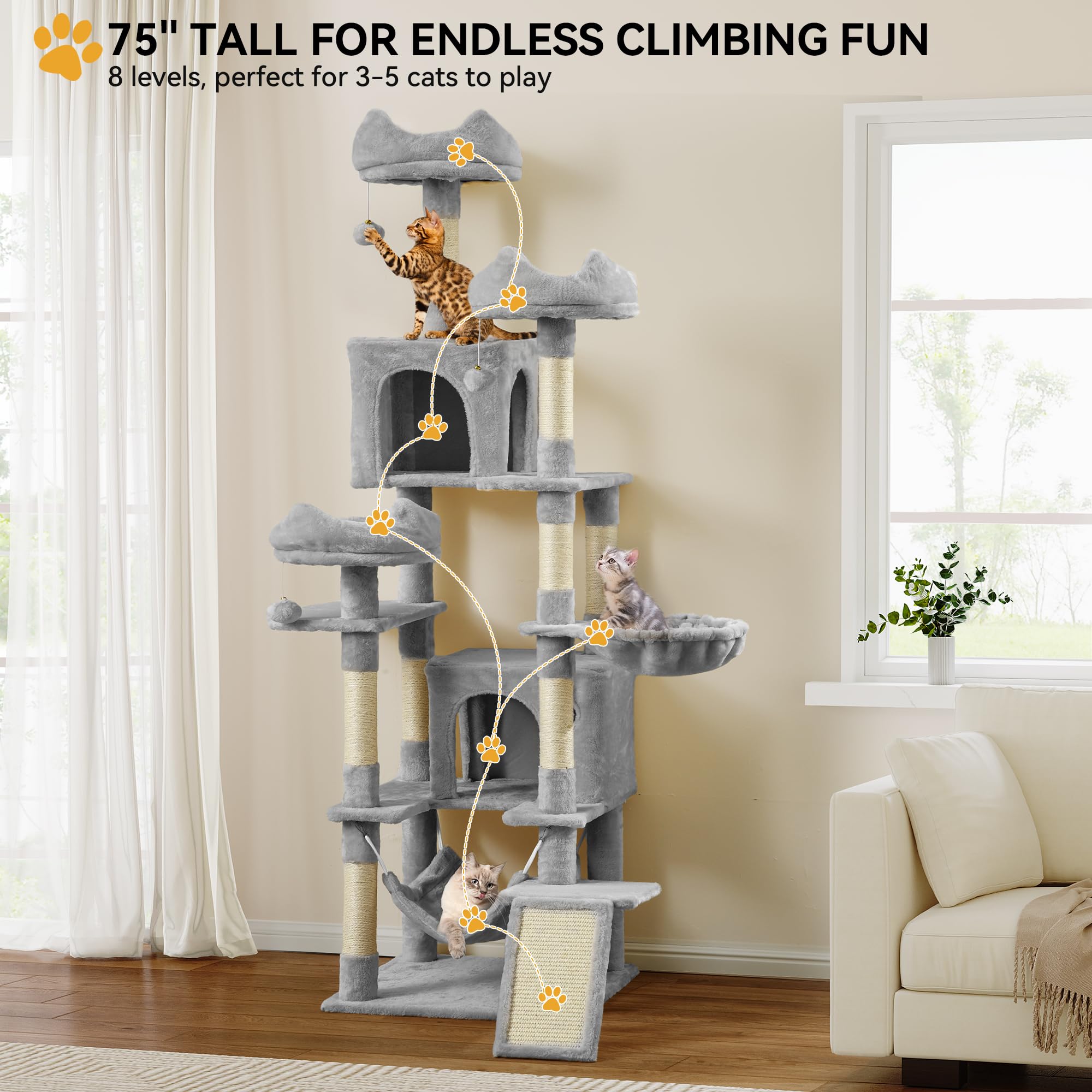 YITAHOME Tall Cat Tree for Indoor Cats, 75 inch Multi-Level Cat Tower with Cat Condos, Top Perches, Sisal Ramp Scratching Posts, Cozy Basket,Hammocks, Large Cat Pet Activity Structure,Pink: 75 inches Light Grey