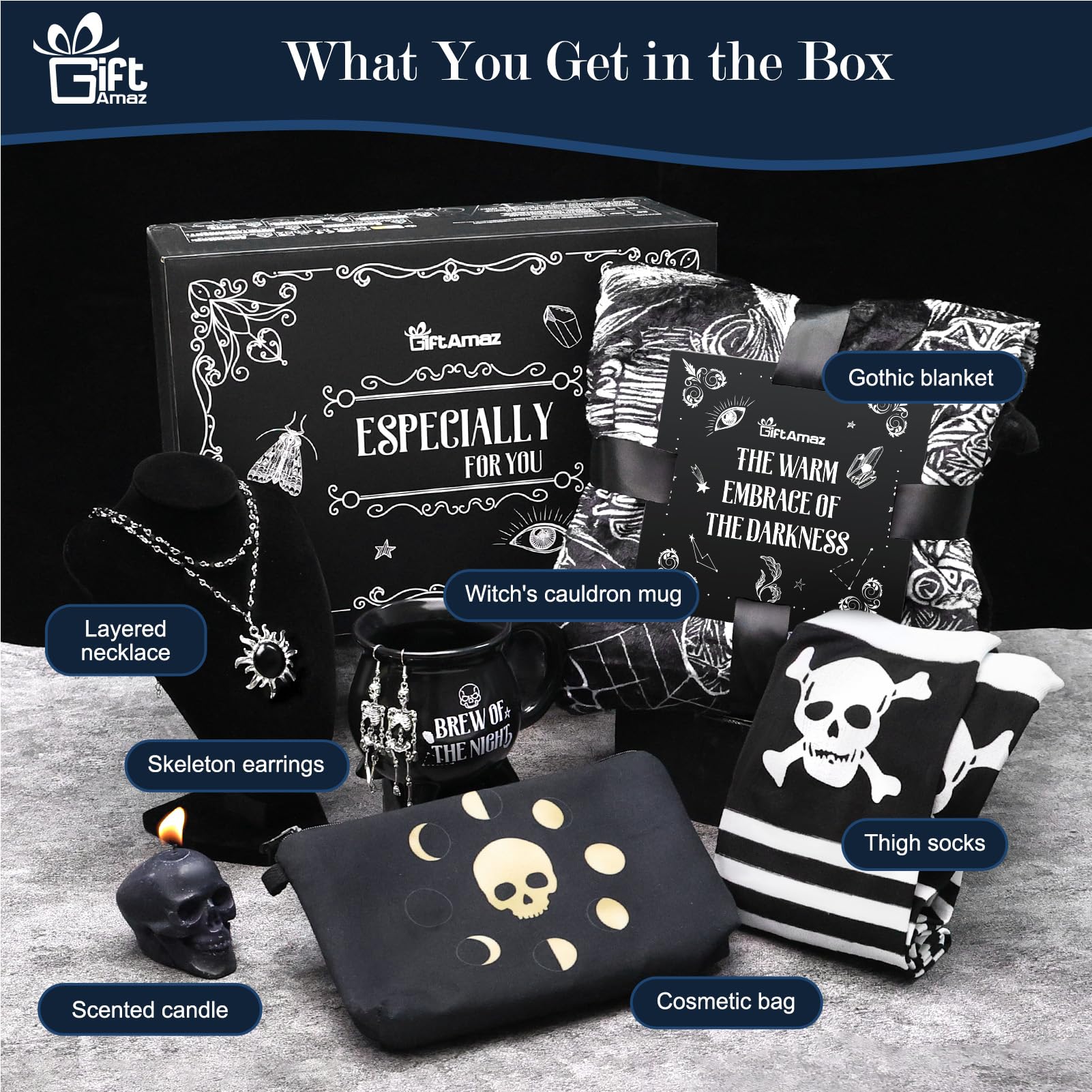 GiftAmaz Gothic Get Well Gifts for Women, Care Package with Witch Cauldron Mug, Goth Blanket & Sun Necklace, Thinking of You Birthday Box, Self Care Gift Basket for Girls Friend, Medium, Black