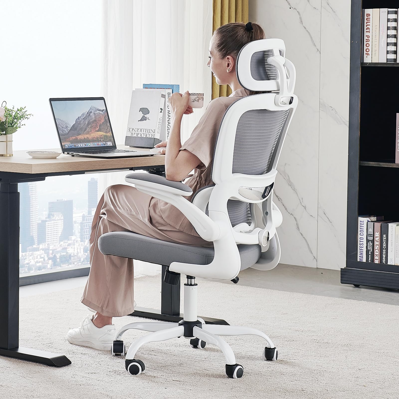TRALT Office Chair Ergonomic Desk Chair, 330 LBS Home Mesh Office Desk Chairs with Wheels, Comfortable Gaming Chair, High Back Office Chair for Long Hours (White)