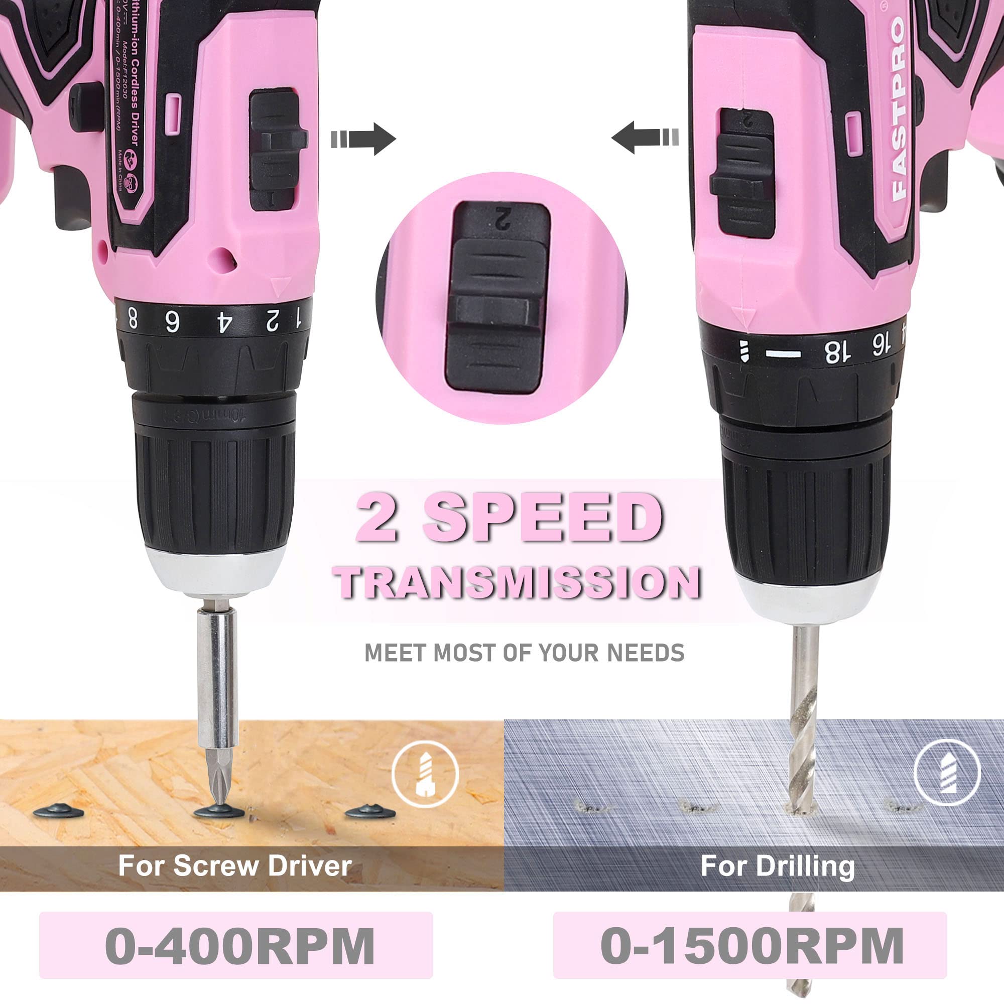 FASTPRO 232-Piece 20V Pink Cordless Lithium-ion Drill Driver and Home Tool Set, Lady's Repairing Kit with 12-Inch Wide Mouth Open Storage Bag