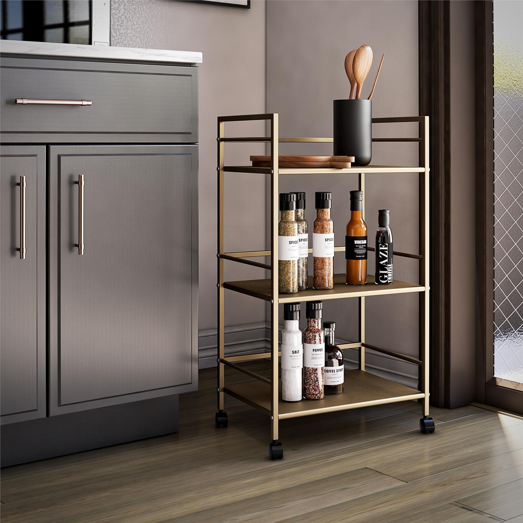 Novogratz Helix Small Bar Cart for the Home, 3 Tier Rolling Cart With Wheels, Kitchen Cart with Storage for Beverages and Wine, Gold: Novogratz Helix Small Bar Cart for the Home, 3 Tier Rolling Cart With Wheels, Kitchen Cart with Storage for Beverages and Wine, Gold