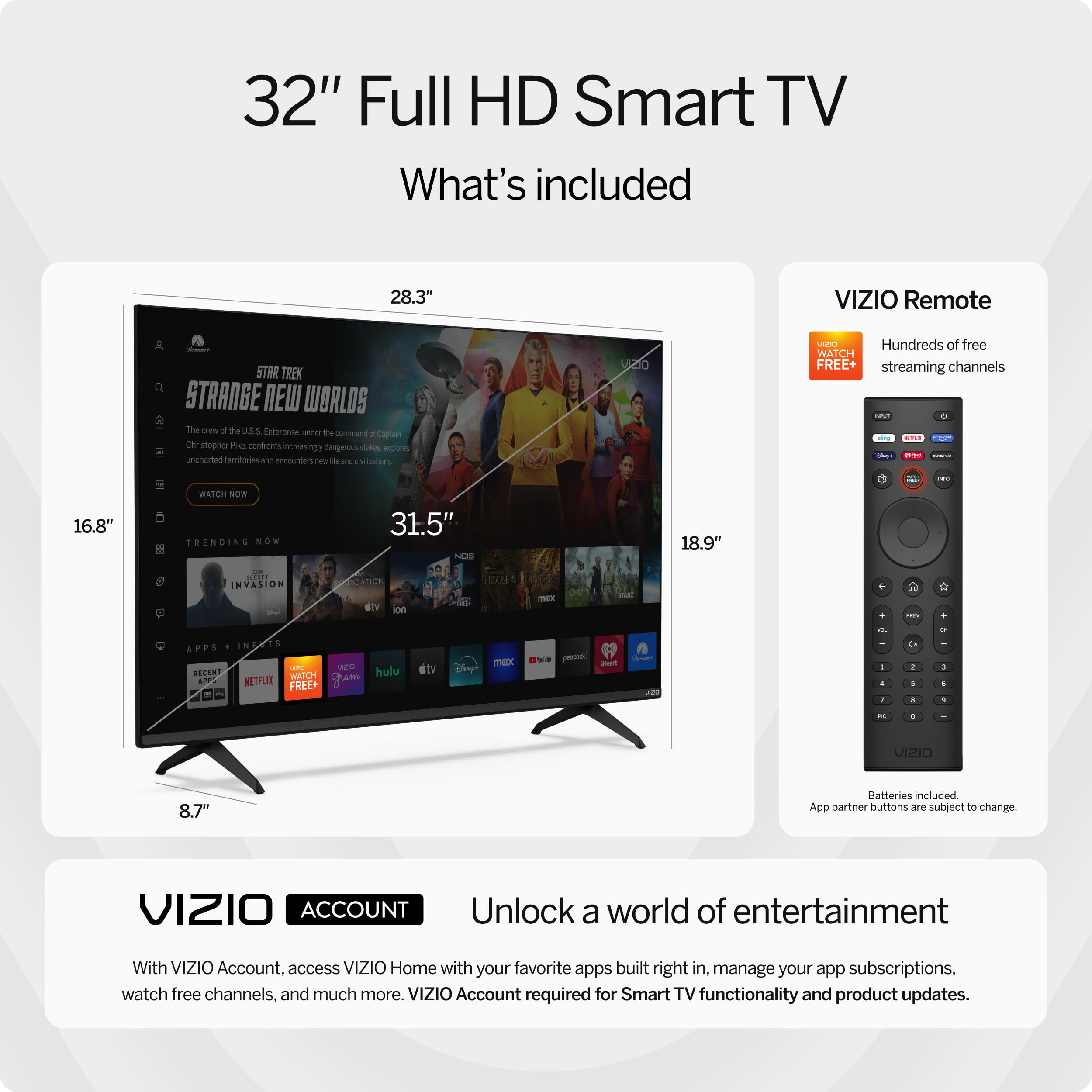VIZIO 32-inch Full HD 1080p Smart TV VFD32M-08, DTS Virtual: X, Alexa Compatibility, Google Cast Built-in, Bluetooth Headphone Capable, New: 32 inch