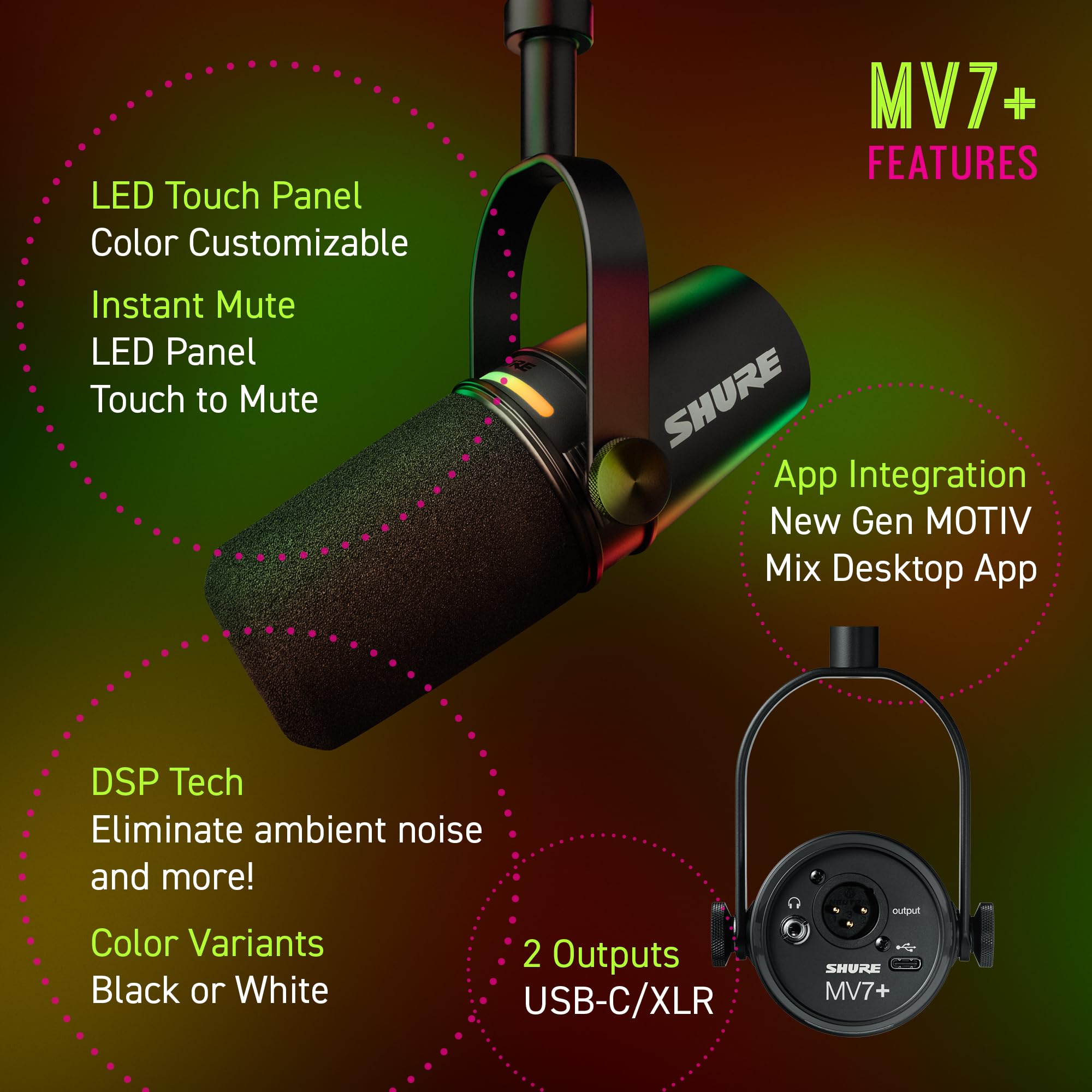 Shure MV7+ Podcast Dynamic Microphone. OBS Certified, Enhanced Audio, LED Touch Panel, USB-C & XLR Outputs, Auto Level Mode, Digital Pop Filter, Reverb Effects, Podcasting, Streaming, Recording -White: USB - Black
