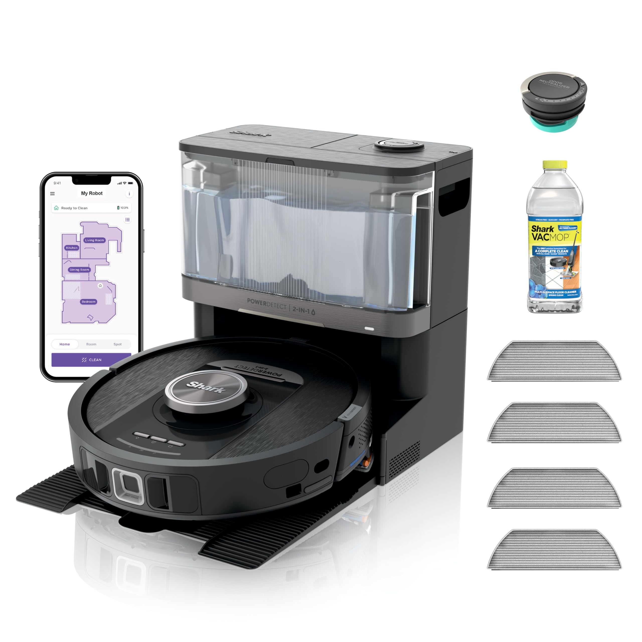 Shark Robot Vacuum & Mop Combo, PowerDetect NeverTouch Pro, Self-Emptying, Self-Refill with Self-Clean Pad Wash & Dry, 60-Day Debris Capacity, 30-Day Refill Tank, 5 PowerDetect Technologies, AV2800ZE: Wet+Dry & 30-Day Self-Refilling - Black