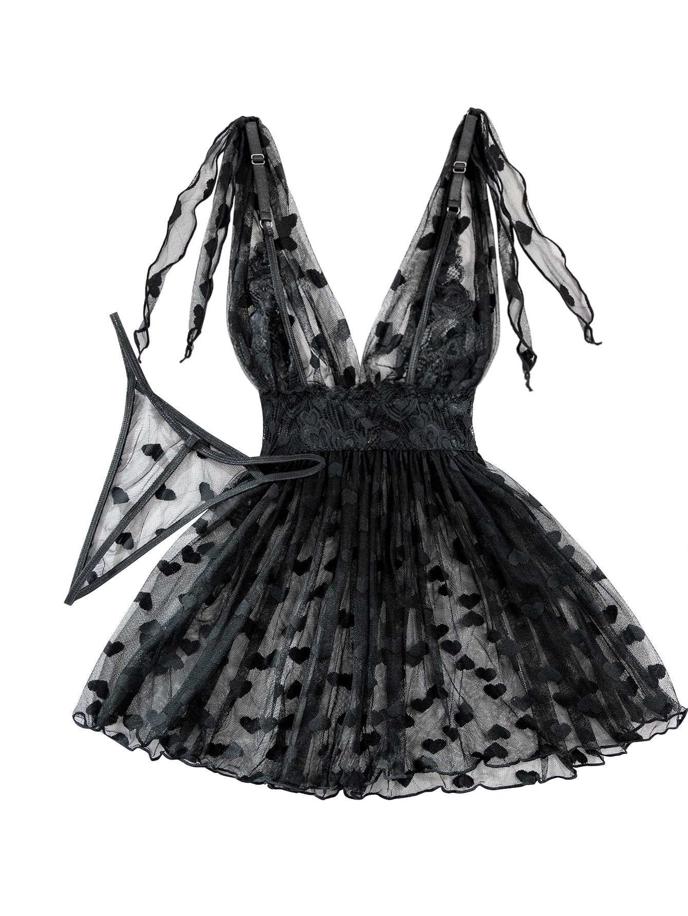 Lilosy Sexy Polka Dots Mesh Sheer Lace Babydoll Chemise Lingerie Set Floral Lace Sleep Wear: Small Love Black