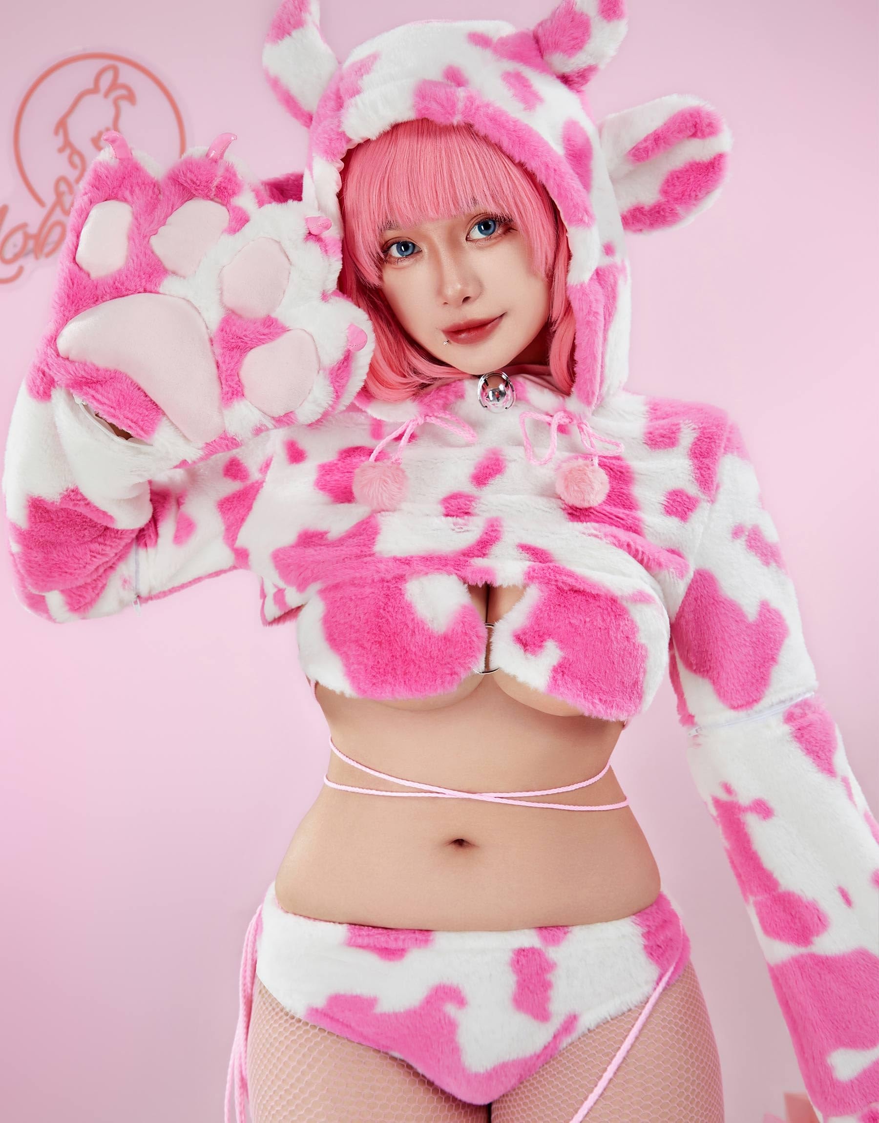 Mobbunny Women's Anime Cute Pajamas Set Cow Print Cosplay Lingerie Furry Paw Set Fuzzy Hoodie Top and Bra Panty Outfit - Image 3