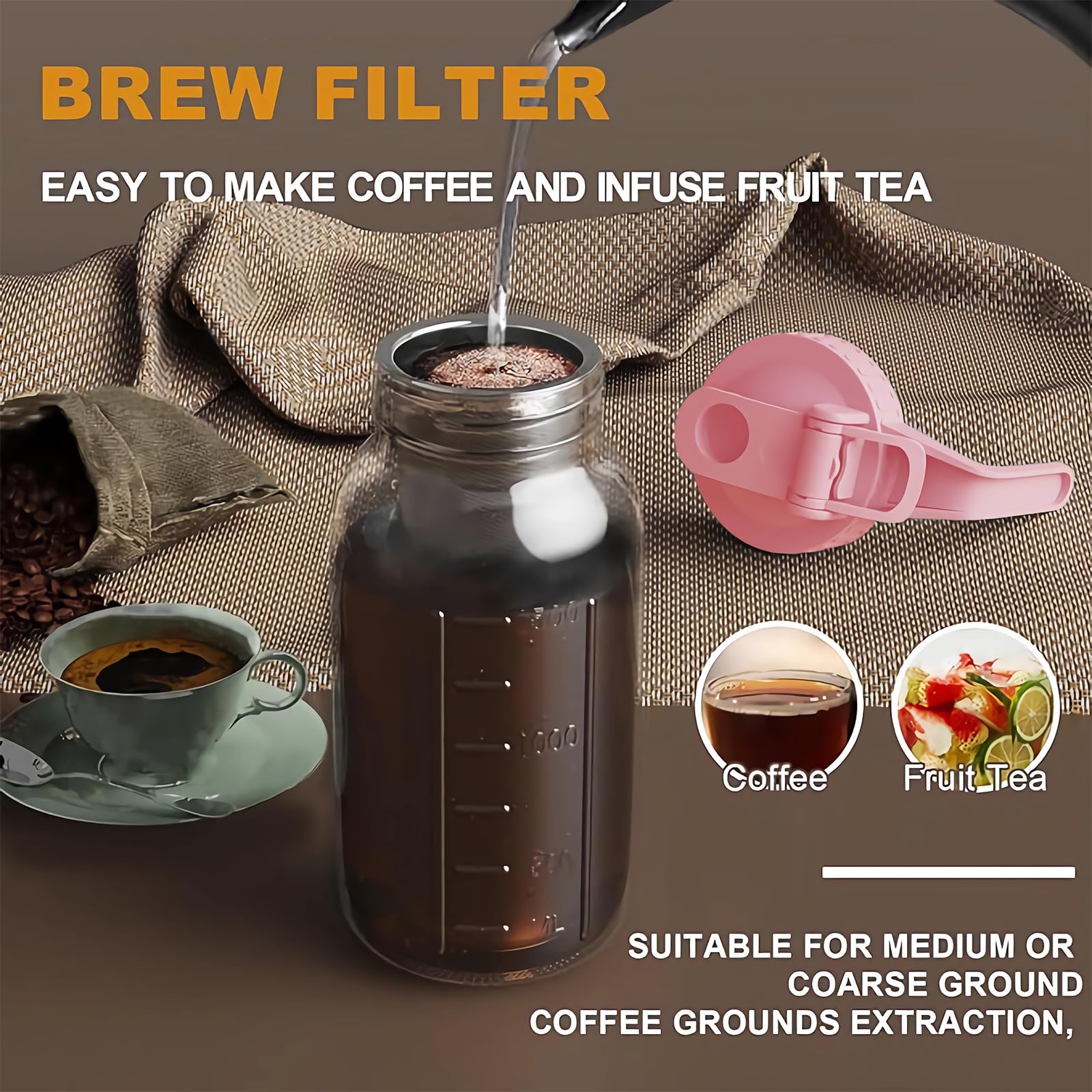 Cold Brew Coffee Maker Pitcher, 32 oz Thick Glass Mason Jar Spout Lid with Handle & Stainless Steel Filter for Iced Brew Coffee, Ice Lemonade, Sun Tea, Fruit Drinks Container: 32 Ounces Pink