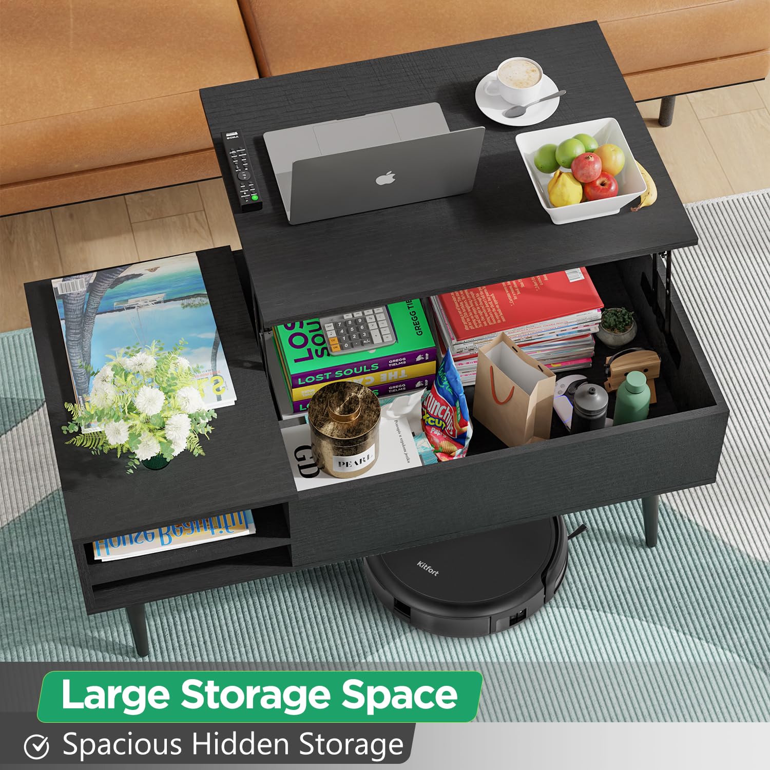 PayLessHere Lift Top Coffee Table with Adjustable Storage and Hidden Compartment Small Wood Coffee Table Center Table for Home Living Room Office Apartment Reception Room,: Black