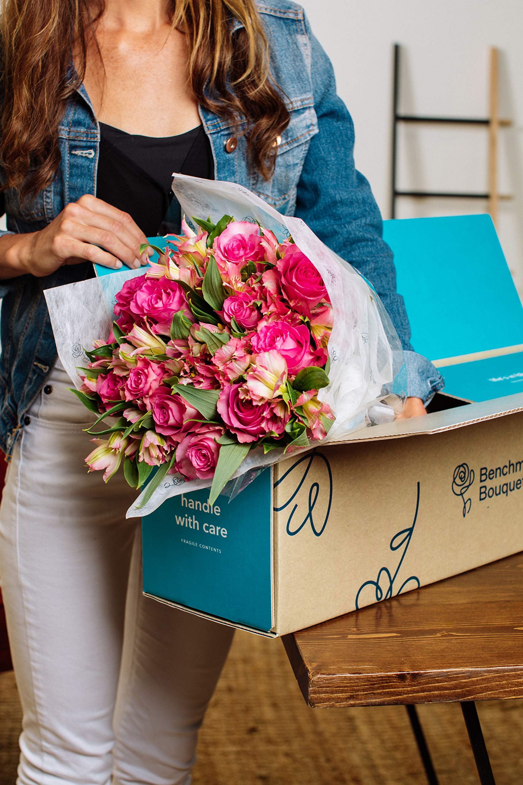 Benchmark Bouquets - Elegance Roses & Alstroemeria (Glass Vase Included) - Fresh Flowers for Delivery - Gift for Graduation, Birthday, Anniversary, Sympathy, Get Well, Congratulations: Pink/Pink