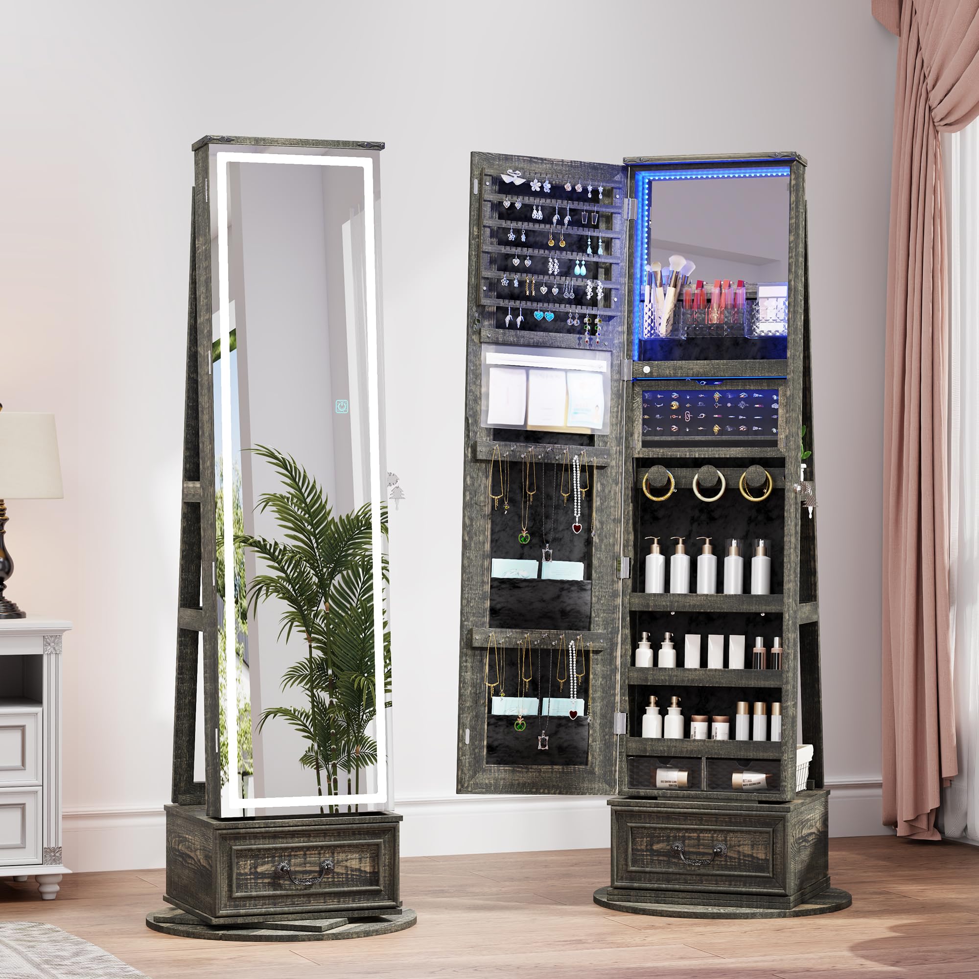 LVSOMT LED Mirror Jewelry Cabinet Standing, 360°Swivel Jewelry Armoire with Full Length Mirror, Mirror with Jewelry Storage and Large Wooden Drawer for Christmas Gifts (): Rustic Grey