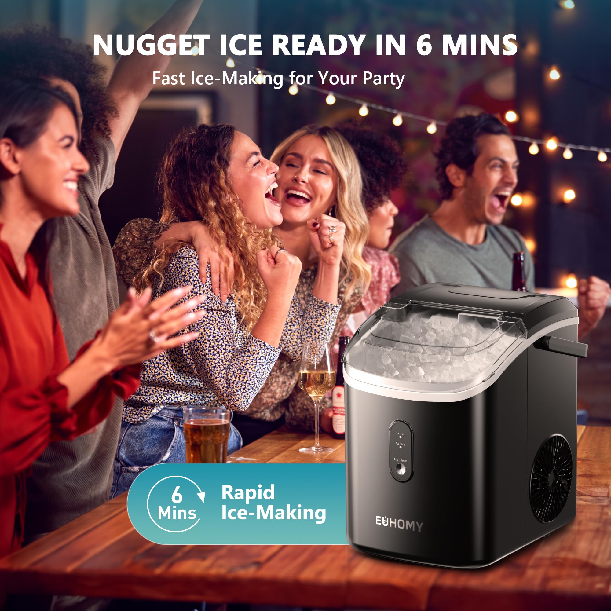 EUHOMY Nugget Ice Maker Countertop with Handle, Ready in 6 Mins, 34lbs Per Day, Removable Top Cover, Auto-Cleaning, Portable Sonic Ice Maker with Basket and Scoop, for Home/Party/RV/Camping (): Black