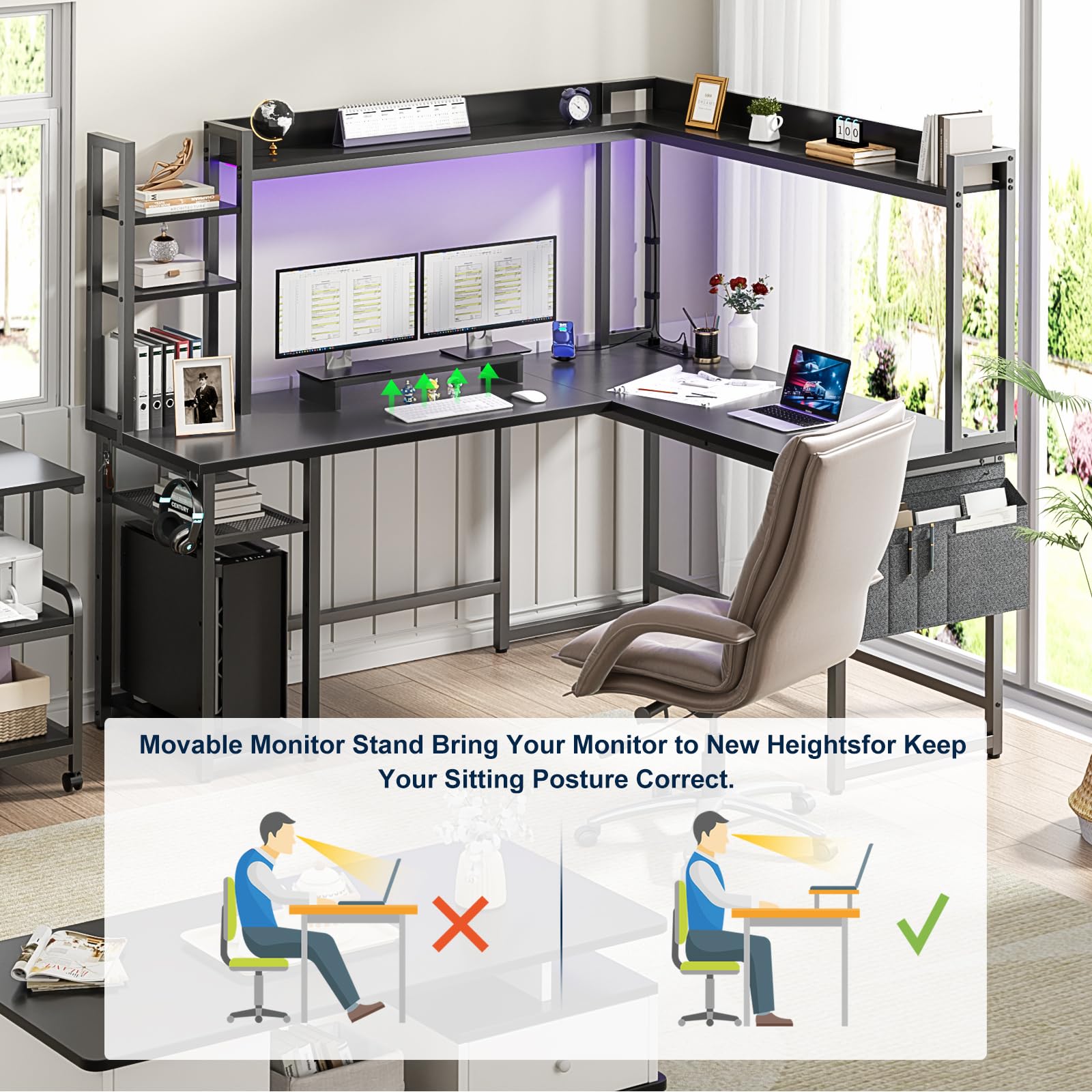 Aheaplus L Shaped Desk with Power Outlet, L Shaped Gaming Desk with Led Light & Hutch, Reversible Home Office Desk, Corner Computer Desk Writing Desk with Monitor Stand & Storage Shelves,: Black