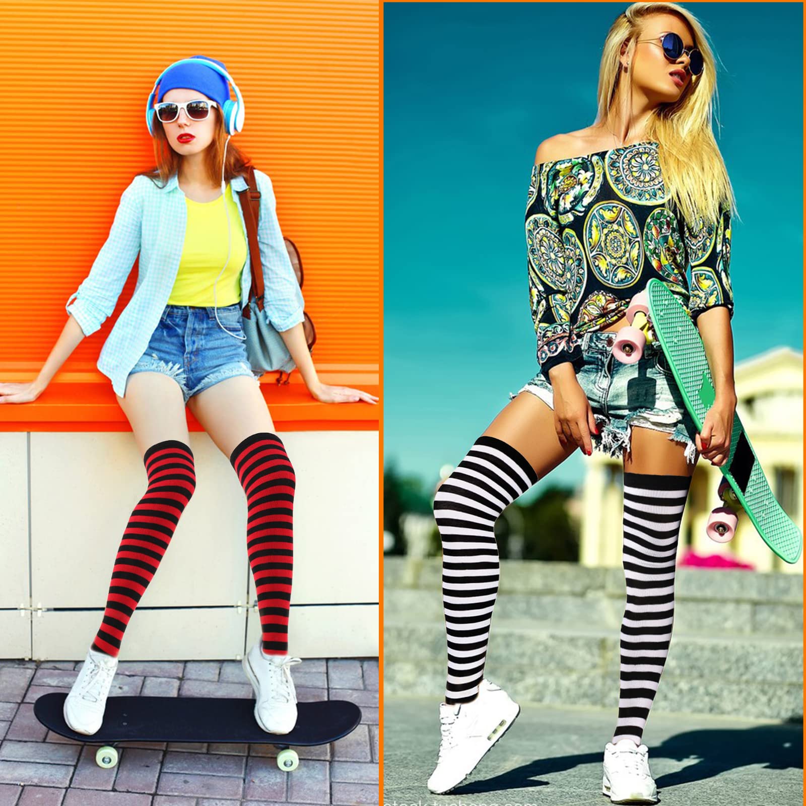 Barrlves 2/4 Sets Womens Striped Knee High Socks Long Knitted Arm Warmers Fingerless Gloves for Halloween Costume thumbnail 5