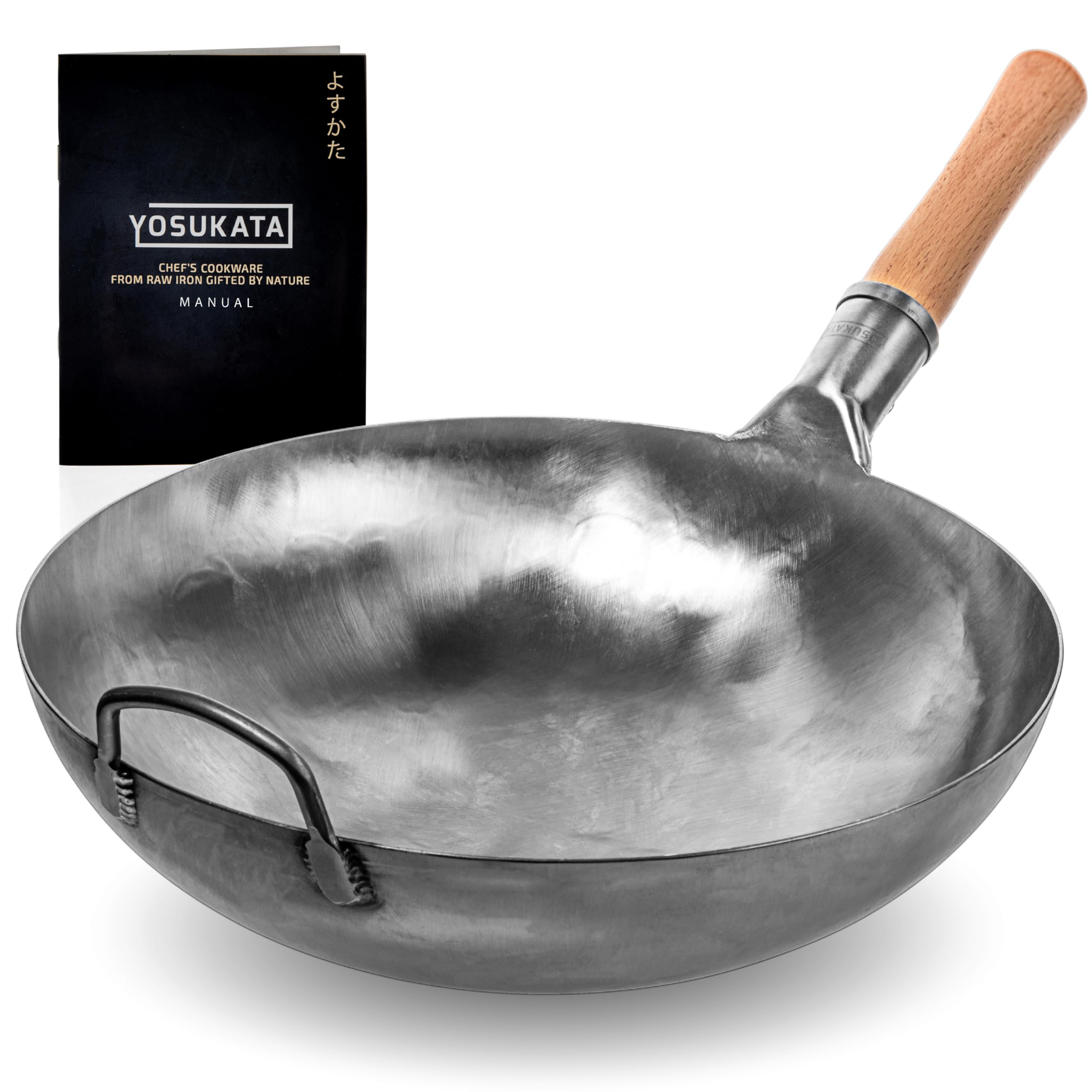 YOSUKATA 14” Round Bottom Carbon Steel Wok Pan – Blue Pre-Seasoned Pow Wok for Stir Fry, BBQ, Grill & Camping – Traditional Japanese & Chinese Cookware – Compatible with Gas Stoves & Open Fire Only: 14" Silver