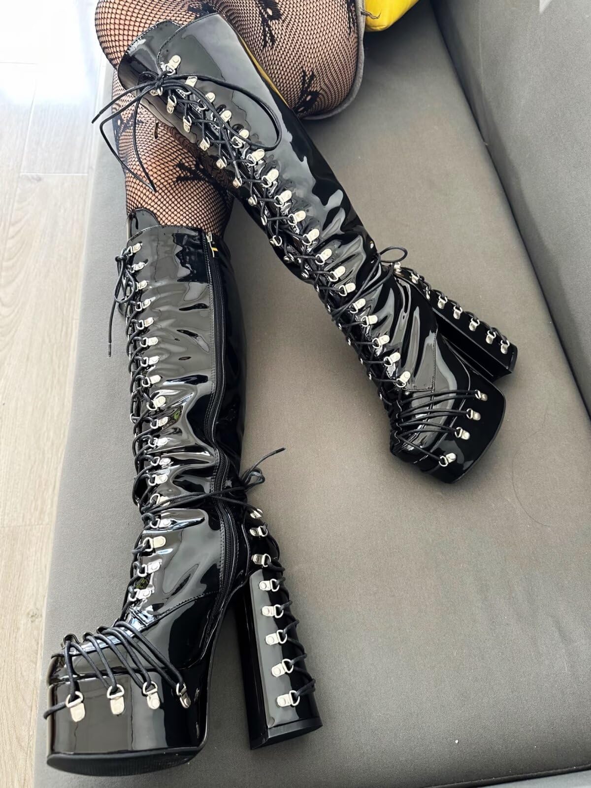 Frankie Hsu Goth Sexy Chunky Platform Knee High Heeled Lace Up Boots, Black Patent Silver Multi Buckle Gothic, Punk Y2K Hot Girl Big Large Size Wide Calf Long Shoes For Women Men