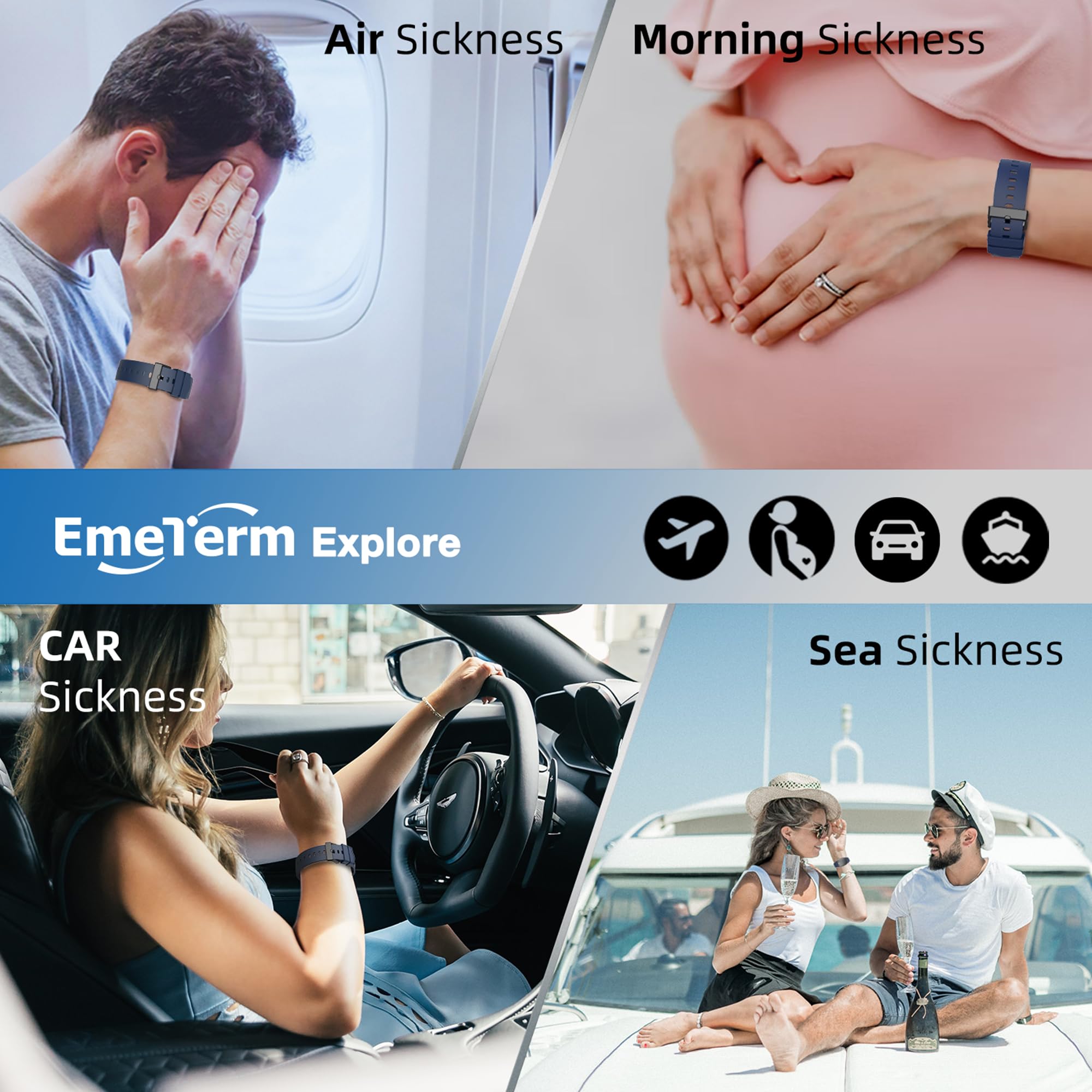 EmeTerm Explore FDA-Cleared  Anti-Nausea Wristband IP67 Waterproof Morning Motion Sickness Relief Rechargeable Classic Strap Design Drug Free Without Side Effects FSA/HSA Eligible