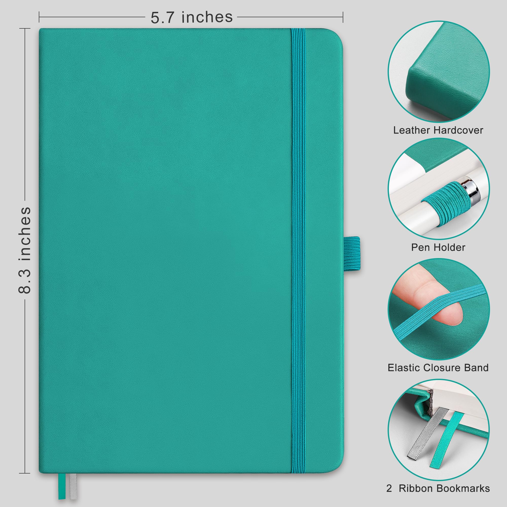 RETTACY Lined Journal Notebook, 320 Numbered Pages, B5 Medium Size (7.6'' x 10''), for Men & Women, Journaling, Writing, Work & Office, Leather Softcover, 100 GSM Thick Paper (Light Blue): Cyan A5