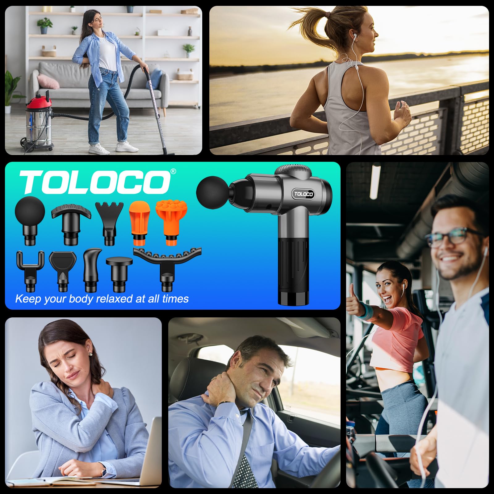 TOLOCO Massage Gun, Deep Tissue Back Massage for Athletes for Pain Relief, Percussion Massager with 10 Massages Heads & Silent Brushless Motor, Gifts for Fathers Day, thumbnail 7