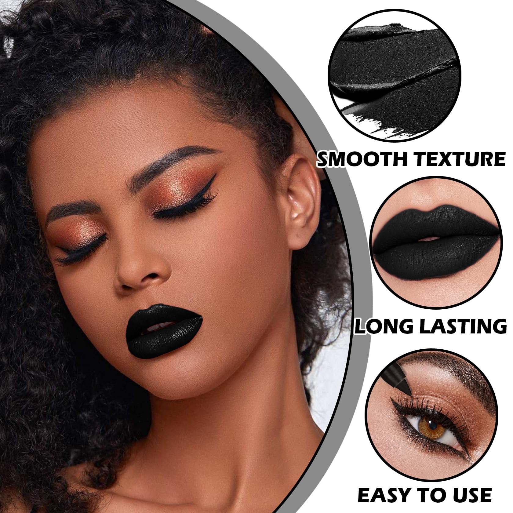 QIUFSSE 3 in 1 Black Lip Liner Pencil and Lipstick lipgloss Set Matte Black Lipstick Lip Gloss Kit Long-lasting Nonstick Cup Smudge Proof Lip Kits with Lip Liner,Velvet Goth Makeup (): Black
