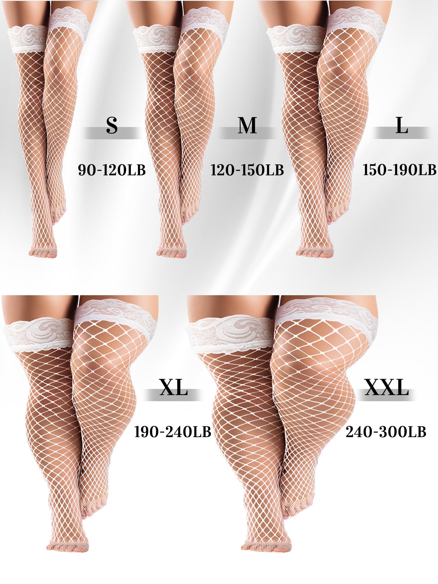 Bencailor 4 Pairs Fishnet Thigh High Stocking for Women Silicone Lace Top Sheer Over Knee Silky Stockings: White, Black Large