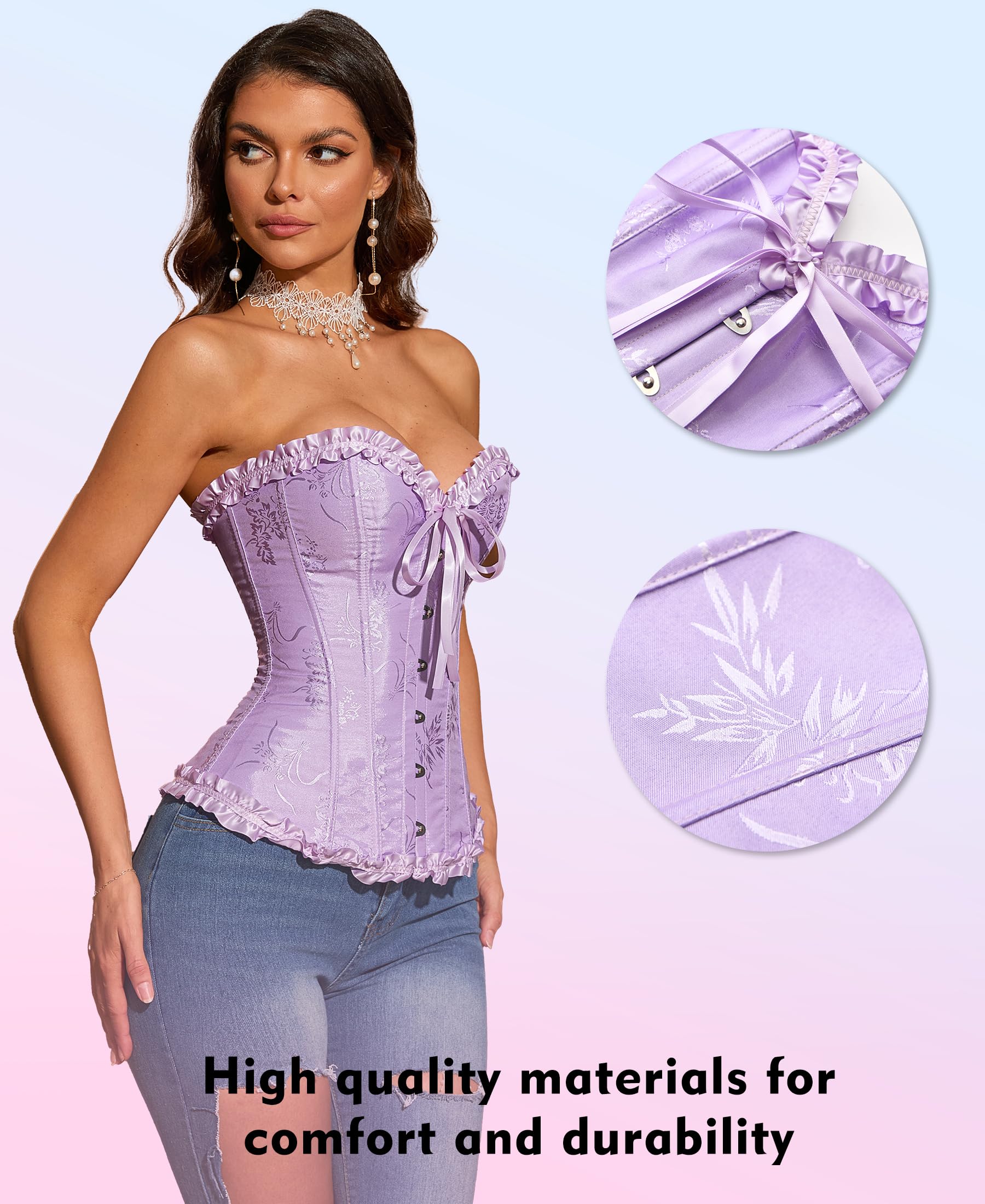 SZIVYSHI Corset Tops for Women, Bustier Shapewear Lingerie, Lace Waist Push Up Bodysuit: X-Small Lavender Frost Purple