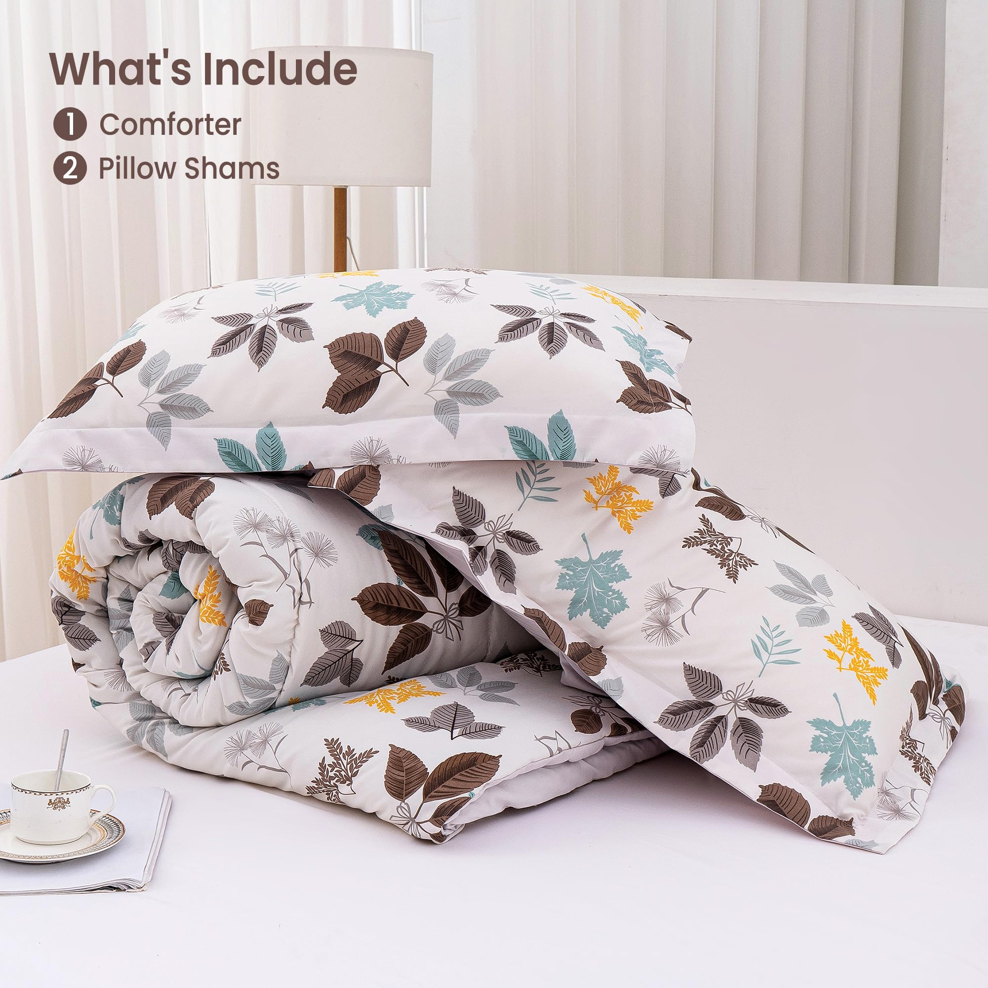 Mooreeke Floral Queen Size Comforter Sets, Lightweight Purple Lavender Botanical Printed Bedding for All Seasons, 3-Piece Vintage Bed in a Bag with Fluffy Quilted Reversible Comforter & 2 Pillow Shams