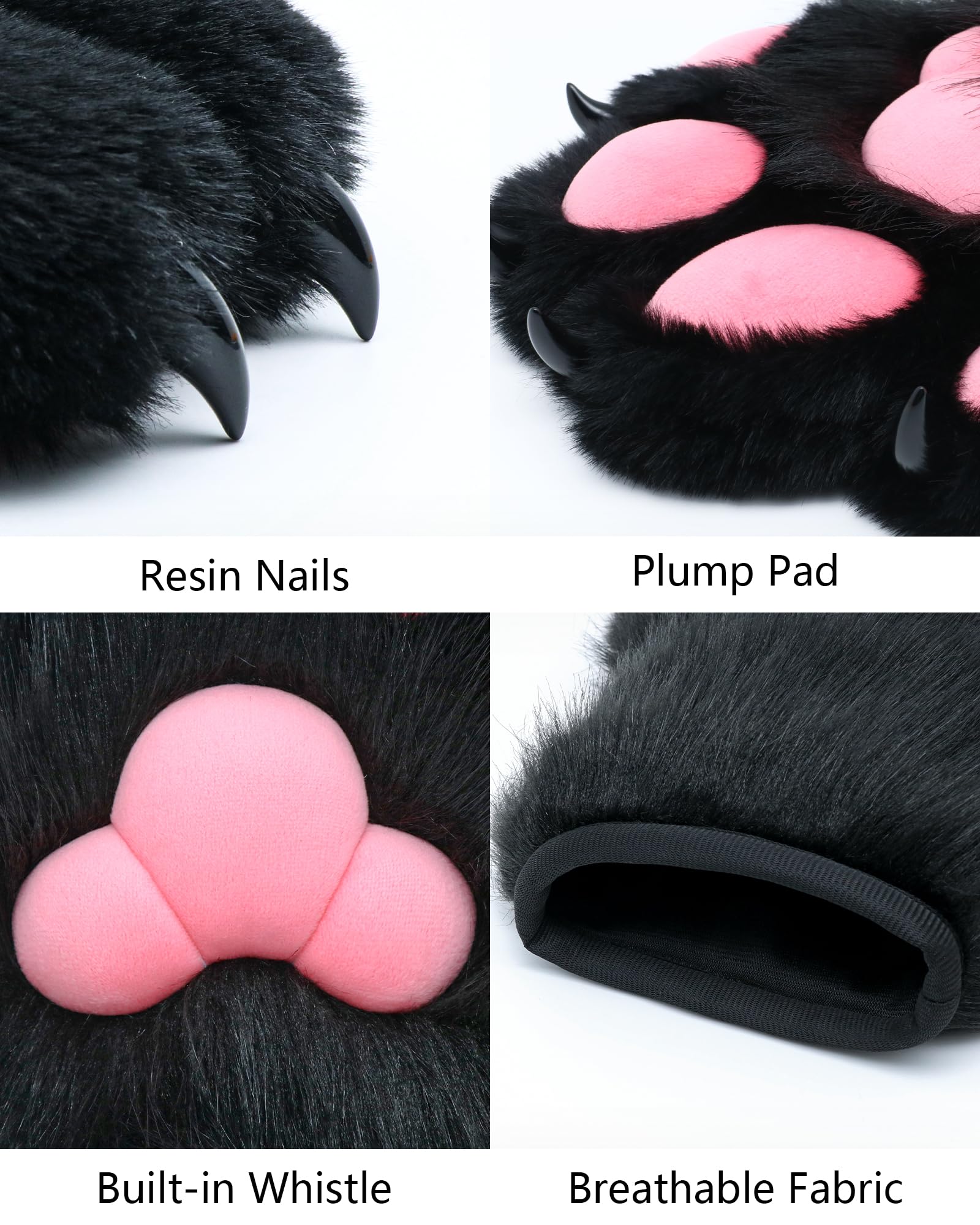 BNLIDES Cosplay Fursuit Paw Gloves Furry Claw Gloves Built-in Whistle Decompression Toys Costume Party Accessories for Adult: Black Pink