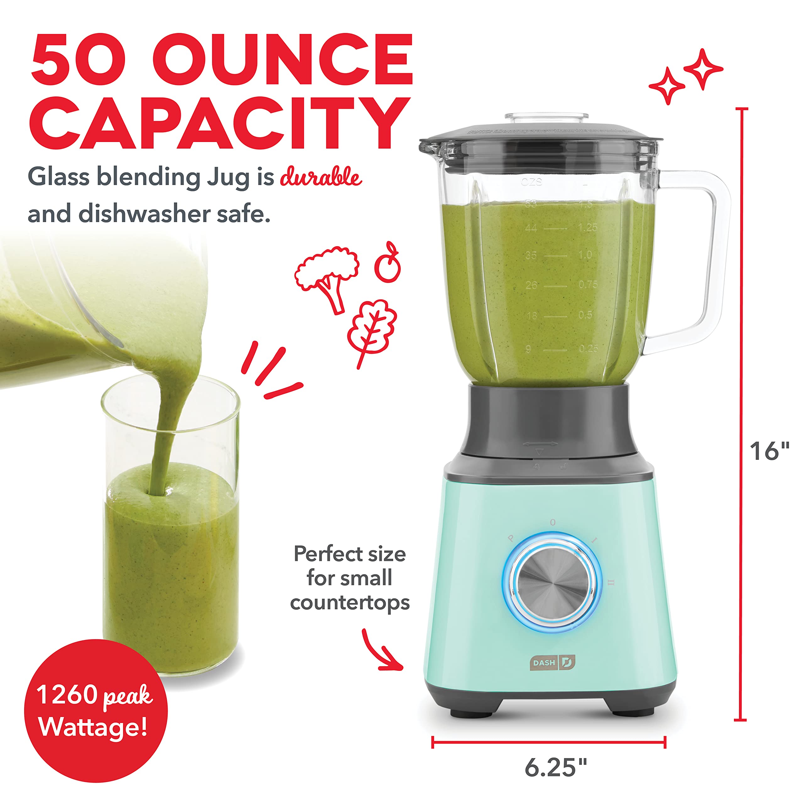 Dash Quest 50 oz Countertop Kitchen Blender, Professional Heavy Duty High Speed Processor and Mixer, Aqua: Aqua 1.5L Blender