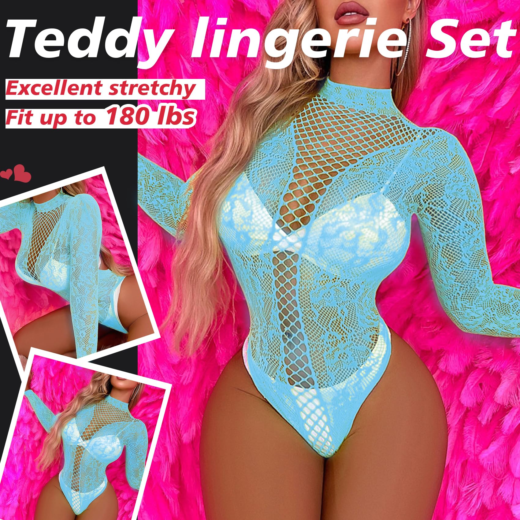 Famstar Sexy Lingerie for Women Naughty Fishnet Lingerie Set Bodysuit Outfits Teddy Sheer Mesh Erotic: One Size Blue