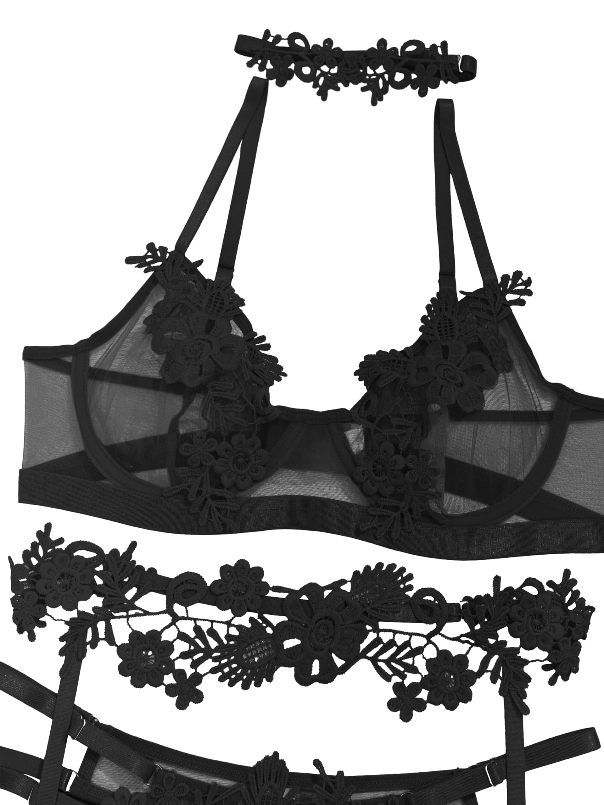 Lilosy Sexy Cute Applique Embroidered Underwire Push Up Garter Belt Chocker Lingerie Set: Small Black