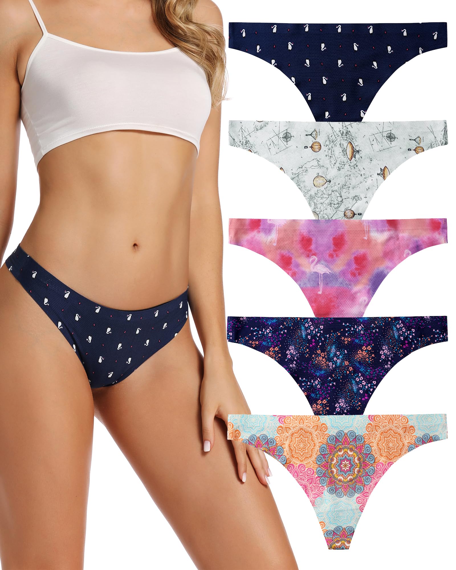 voenxe Seamless Women Underwear Thongs,No Show Ladies Thong,No Line Workout Breathable Comfortable Panties,Soft Undies,5-Pack: Small B-5 Pack Pattern Design